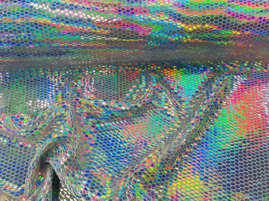 Honeycomb Foil Fabric - Iridescent Silver - Hexagon Print On White Spandex Fabric