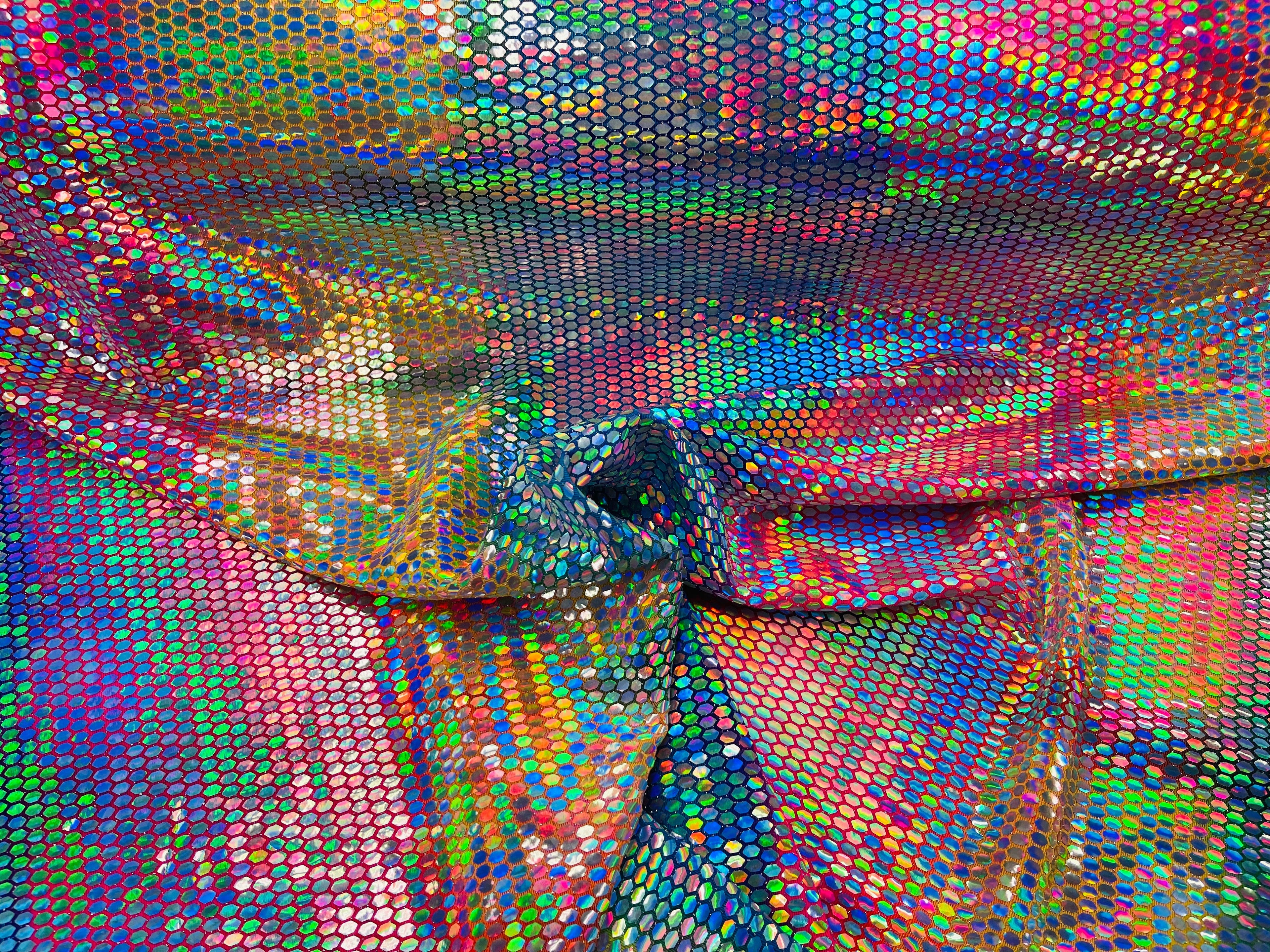 Honeycomb Foil Fabric - Iridescent Silver - Hexagon Print On Pink / Blue Spandex Fabric