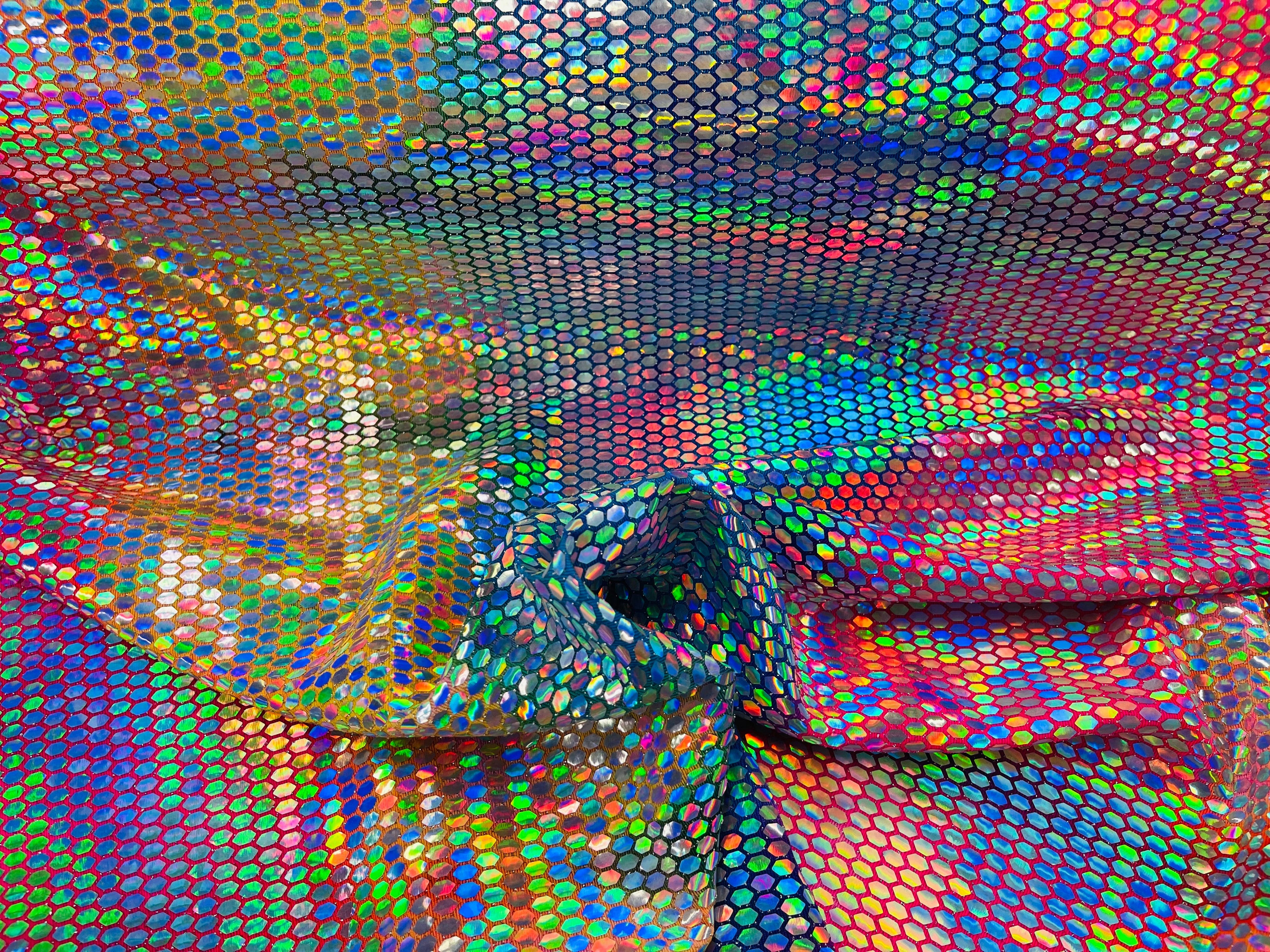 Honeycomb Foil Fabric - Iridescent Silver - Hexagon Print On Pink / Blue Spandex Fabric