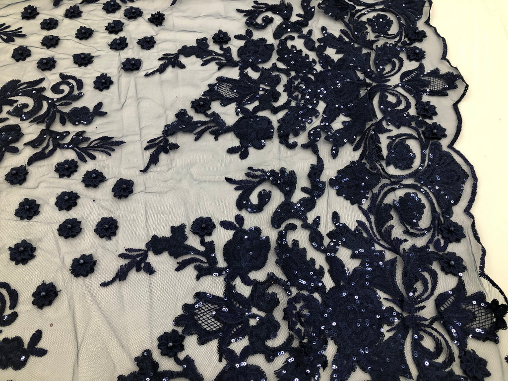 Navy Blue - Mini 3D Flower Embroidered Mesh Sequins And Beaded Fabric Sold By The Yard