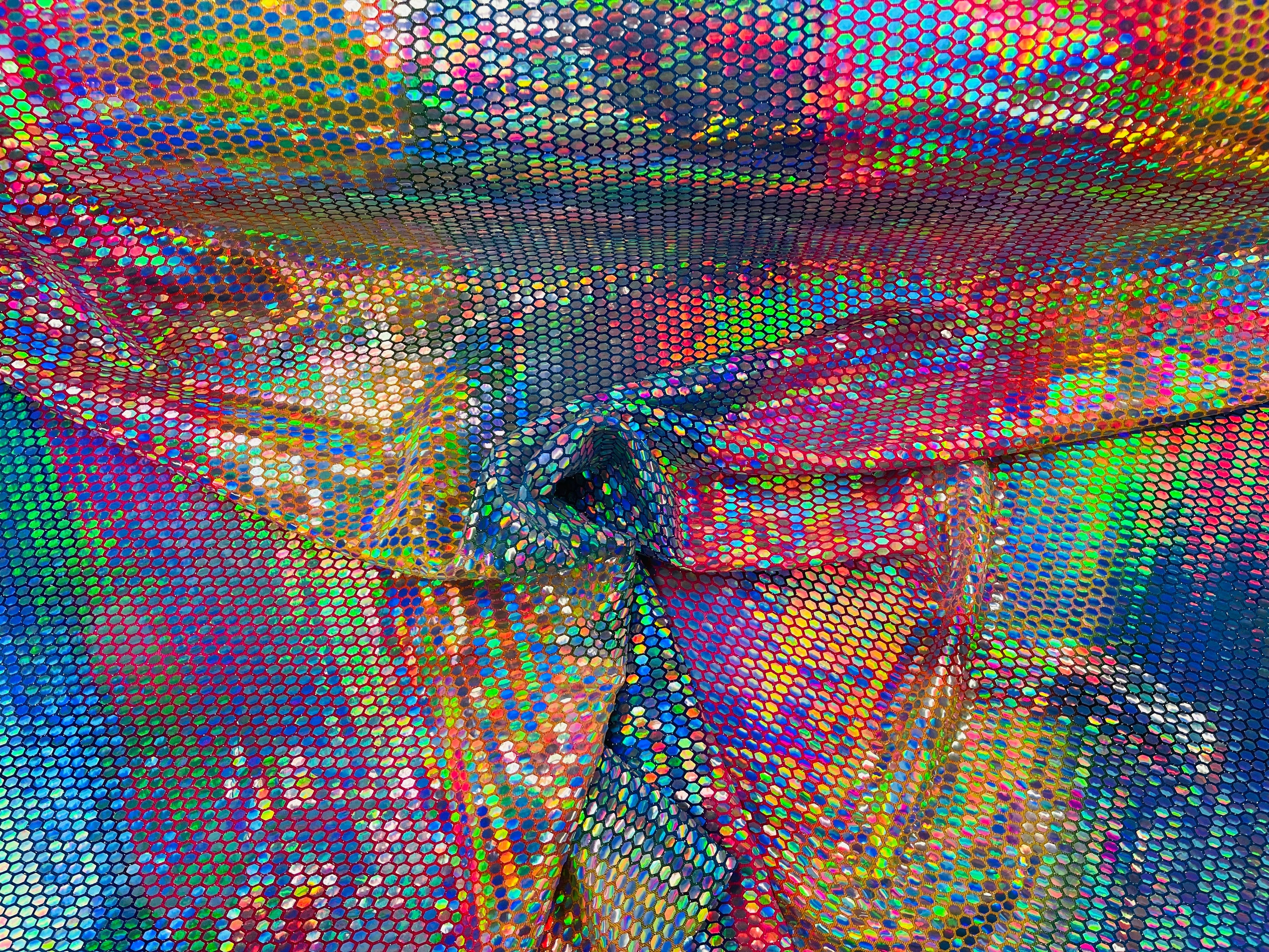 Honeycomb Foil Fabric - Iridescent Silver - Hexagon Print On Pink / Blue Spandex Fabric