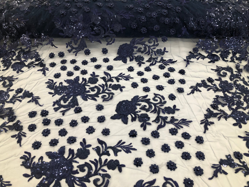 Navy Blue - Mini 3D Flower Embroidered Mesh Sequins And Beaded Fabric Sold By The Yard