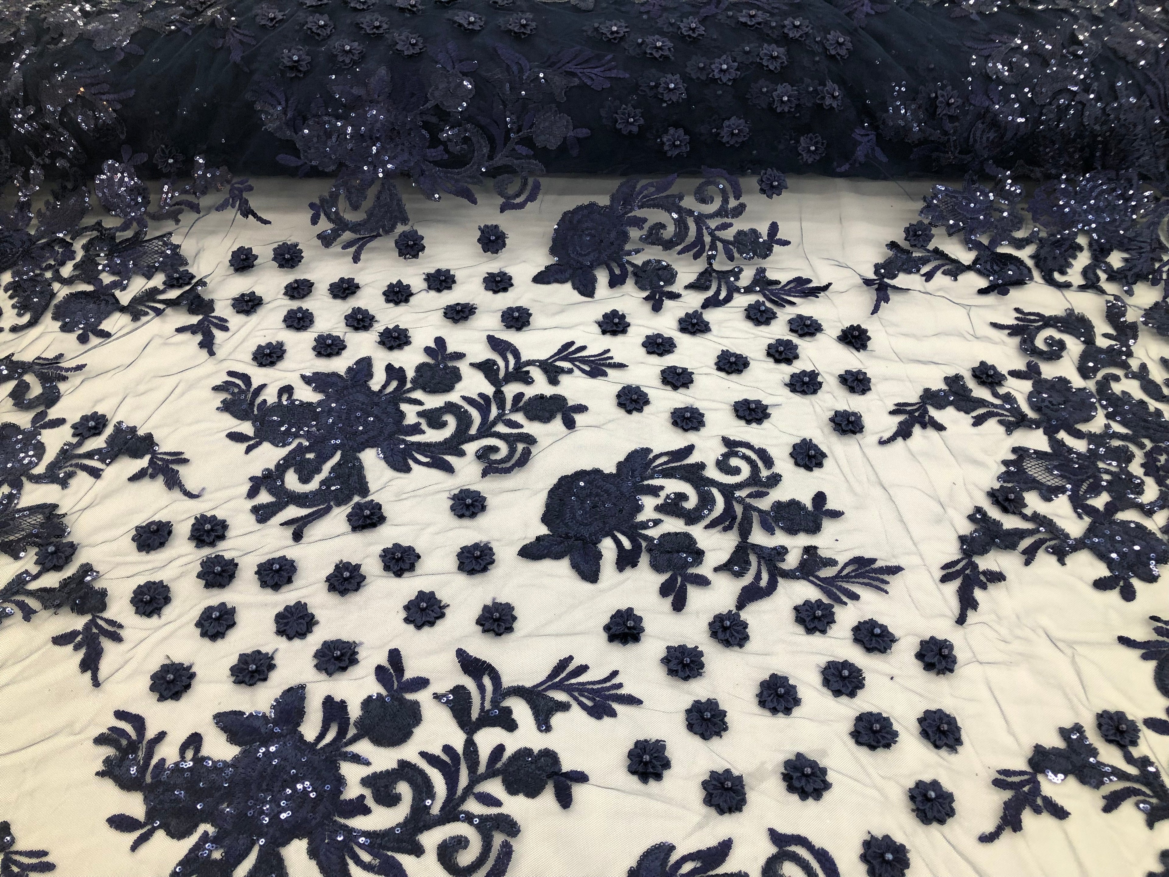 Navy Blue - Mini 3D Flower Embroidered Mesh Sequins And Beaded Fabric Sold By The Yard