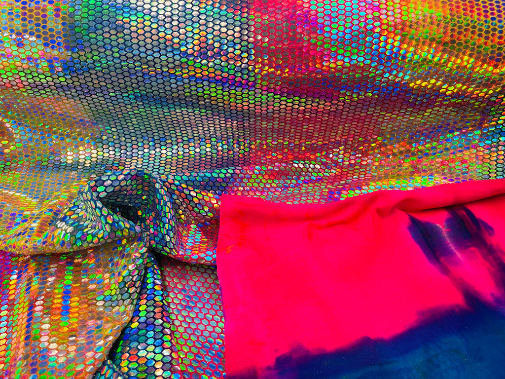 Honeycomb Foil Fabric - Iridescent Silver - Hexagon Print On Pink / Blue Spandex Fabric