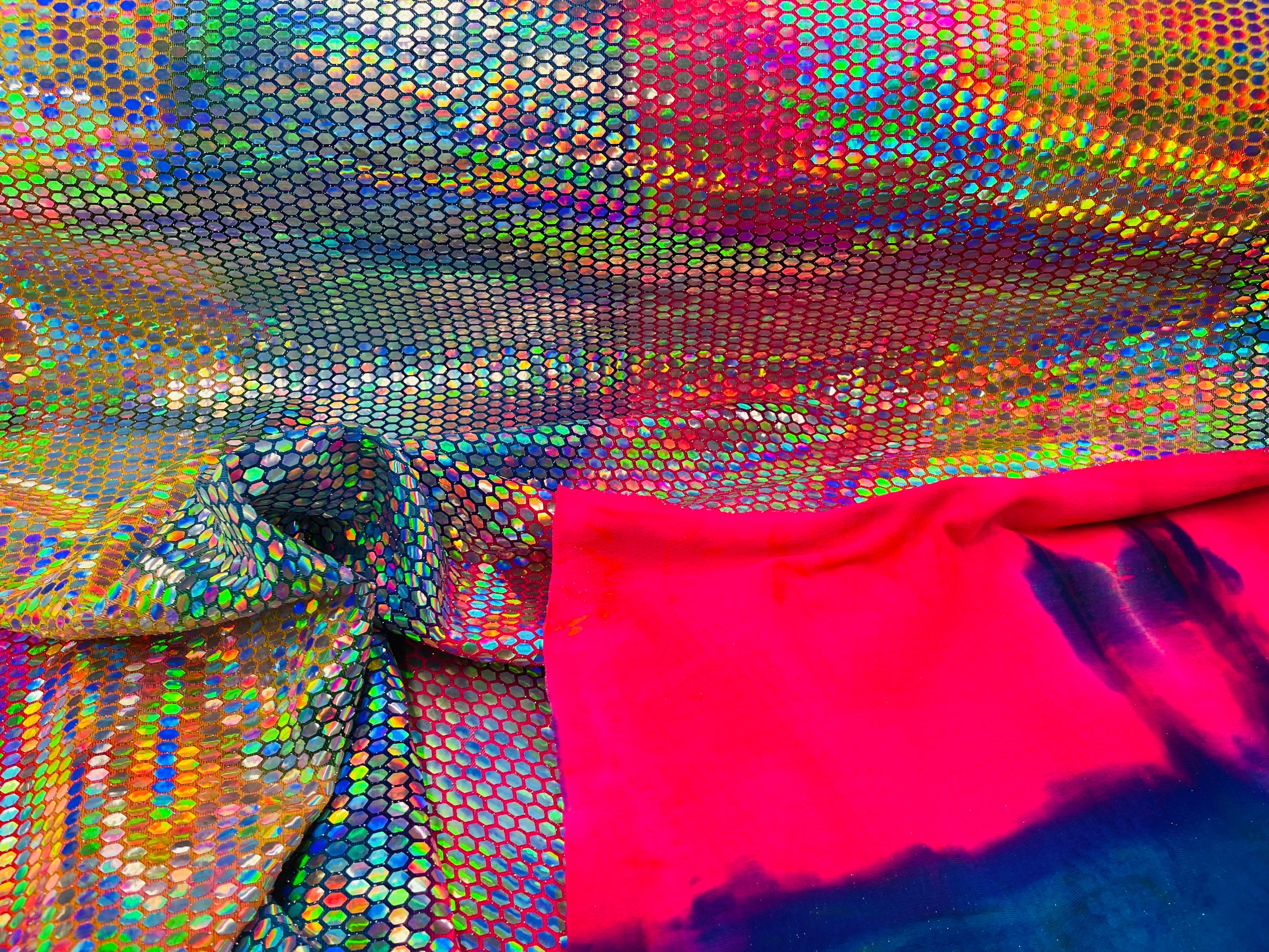 Honeycomb Foil Fabric - Iridescent Silver - Hexagon Print On Pink / Blue Spandex Fabric