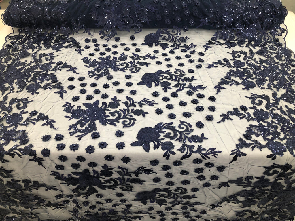 Navy Blue - Mini 3D Flower Embroidered Mesh Sequins And Beaded Fabric Sold By The Yard