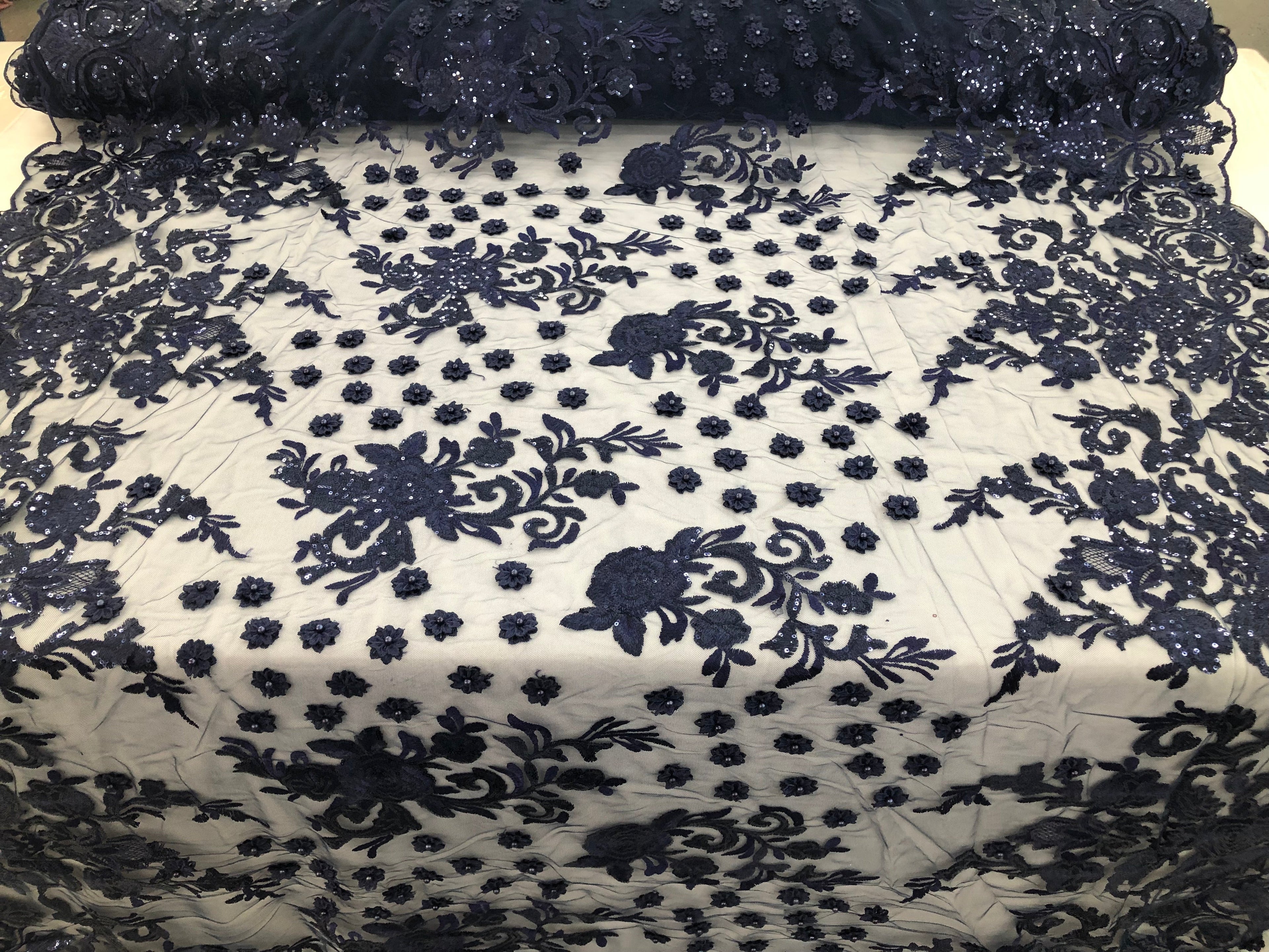 Navy Blue - Mini 3D Flower Embroidered Mesh Sequins And Beaded Fabric Sold By The Yard