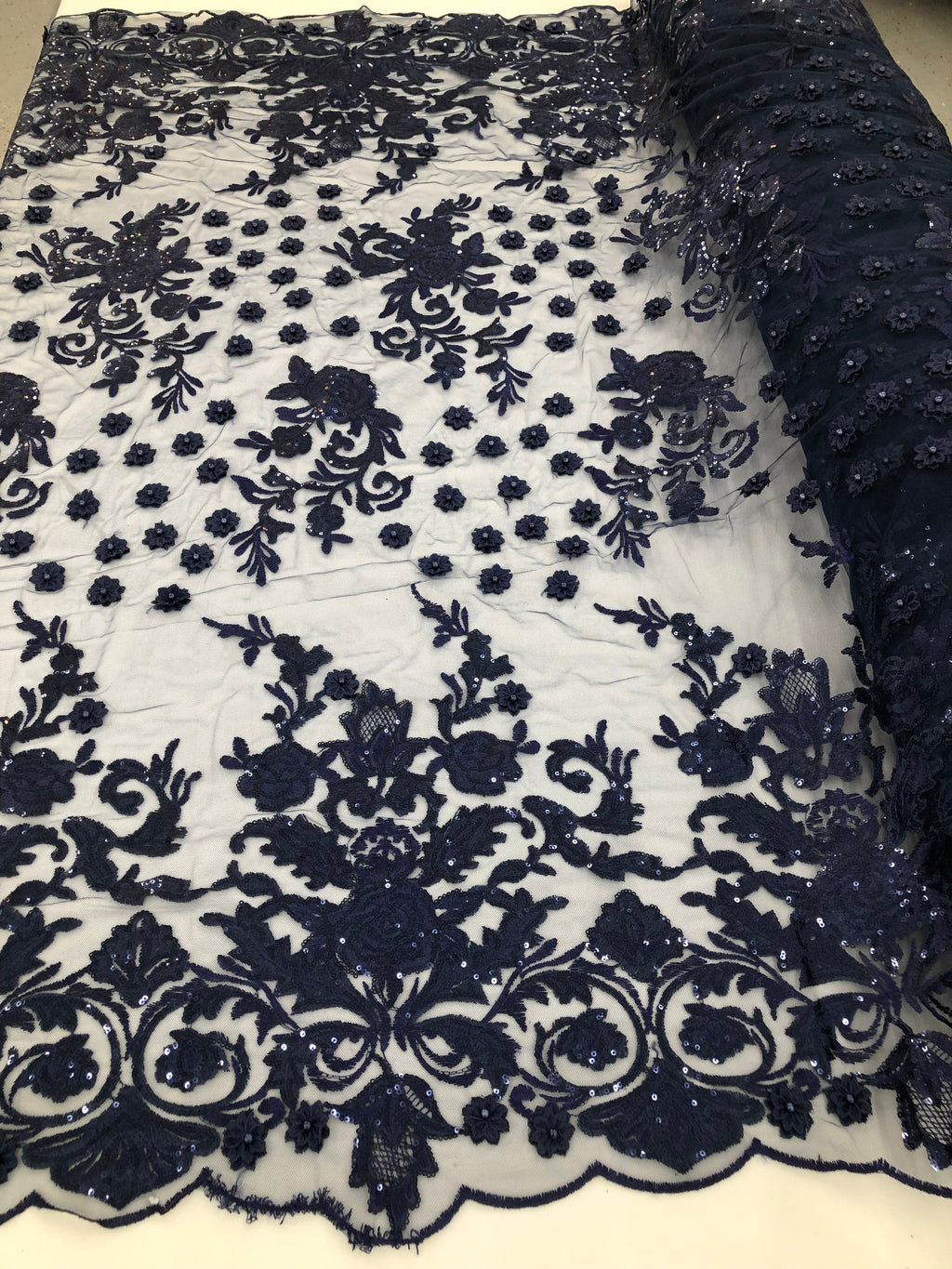 Navy Blue - Mini 3D Flower Embroidered Mesh Sequins And Beaded Fabric Sold By The Yard