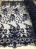 Navy Blue - Mini 3D Flower Embroidered Mesh Sequins And Beaded Fabric Sold By The Yard