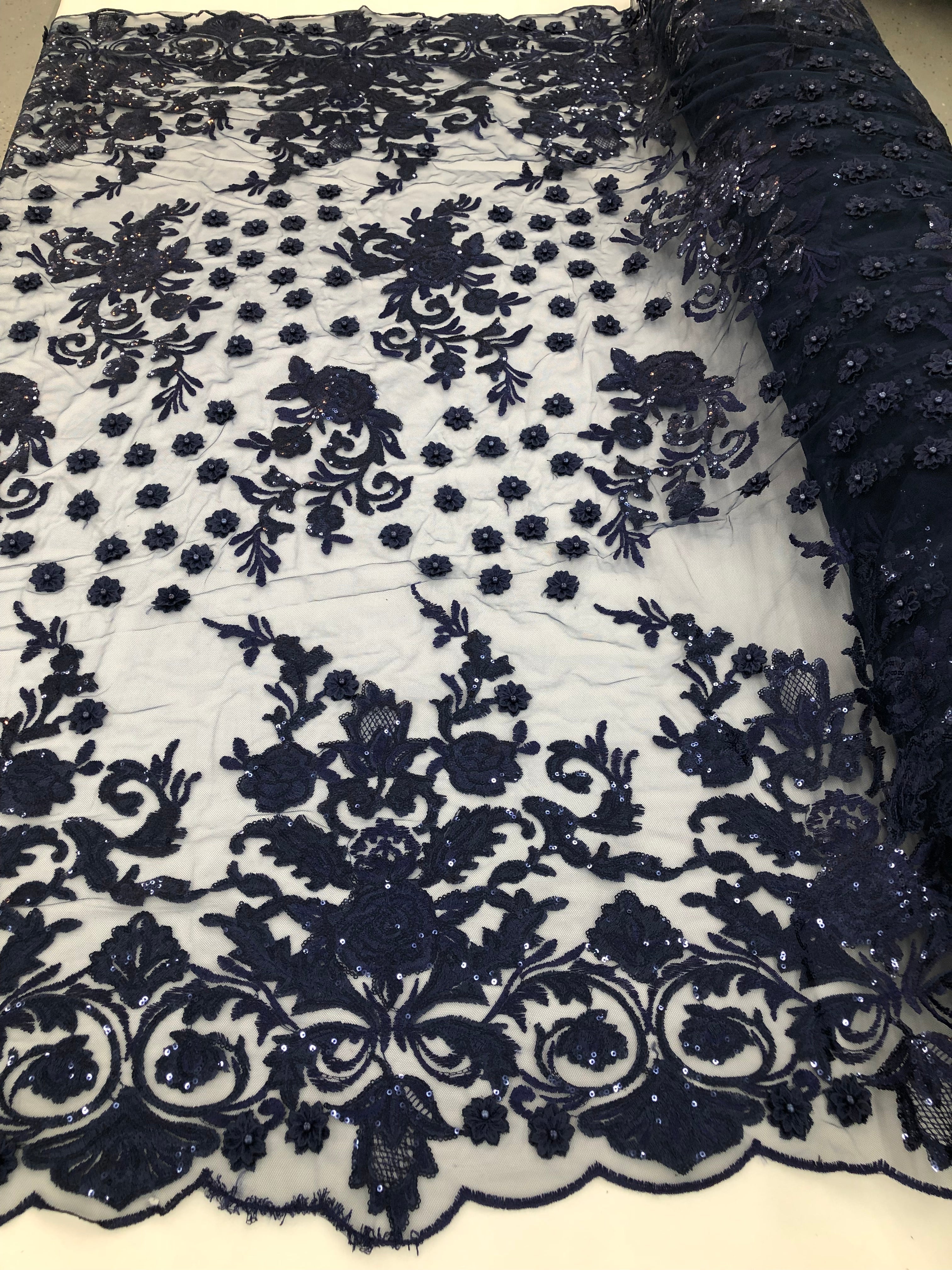 Navy Blue - Mini 3D Flower Embroidered Mesh Sequins And Beaded Fabric Sold By The Yard