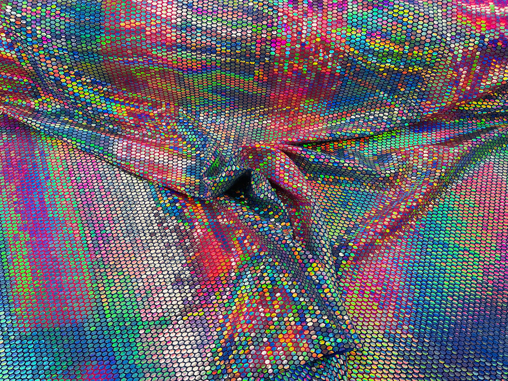 Honeycomb Foil Fabric - Iridescent Silver - Hexagon Print On Blue / Pink Spandex Fabric