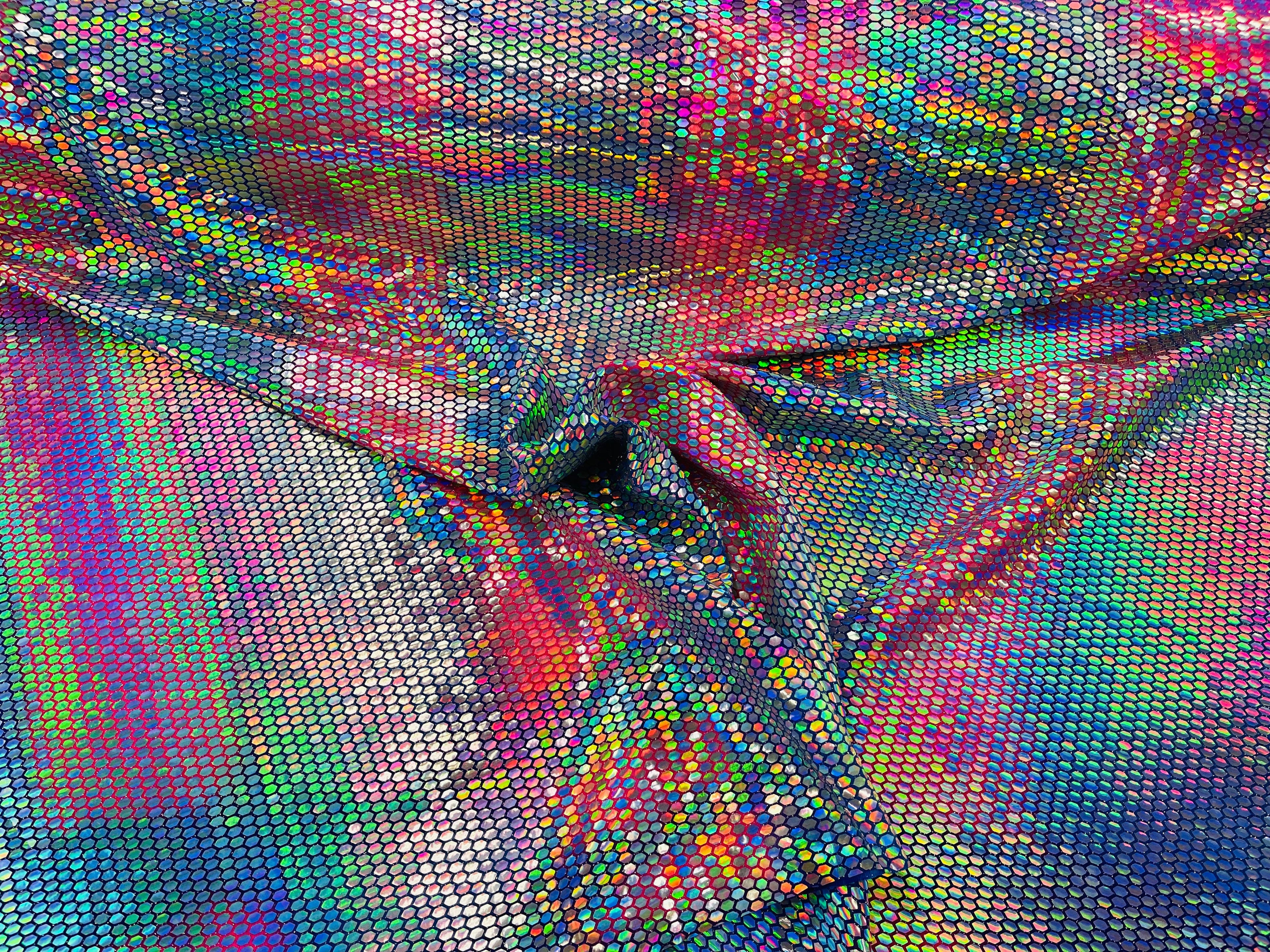 Honeycomb Foil Fabric - Iridescent Silver - Hexagon Print On Blue / Pink Spandex Fabric