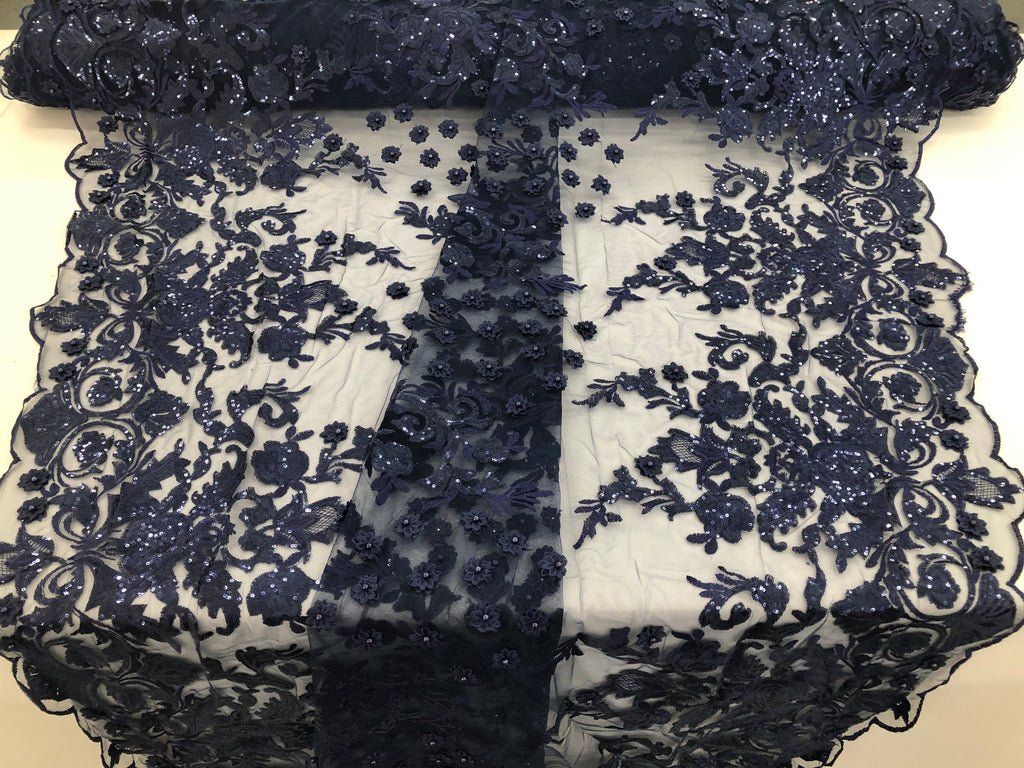 Navy Blue - Mini 3D Flower Embroidered Mesh Sequins And Beaded Fabric Sold By The Yard