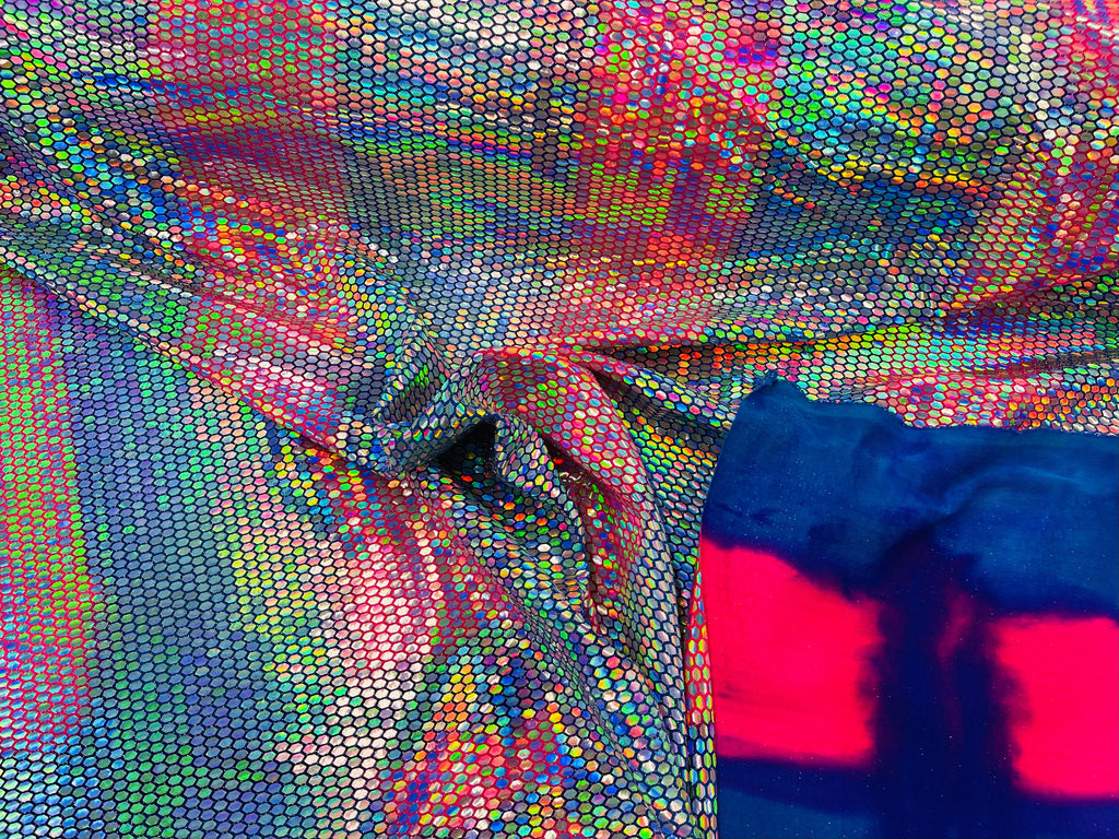 Honeycomb Foil Fabric - Iridescent Silver - Hexagon Print On Blue / Pink Spandex Fabric
