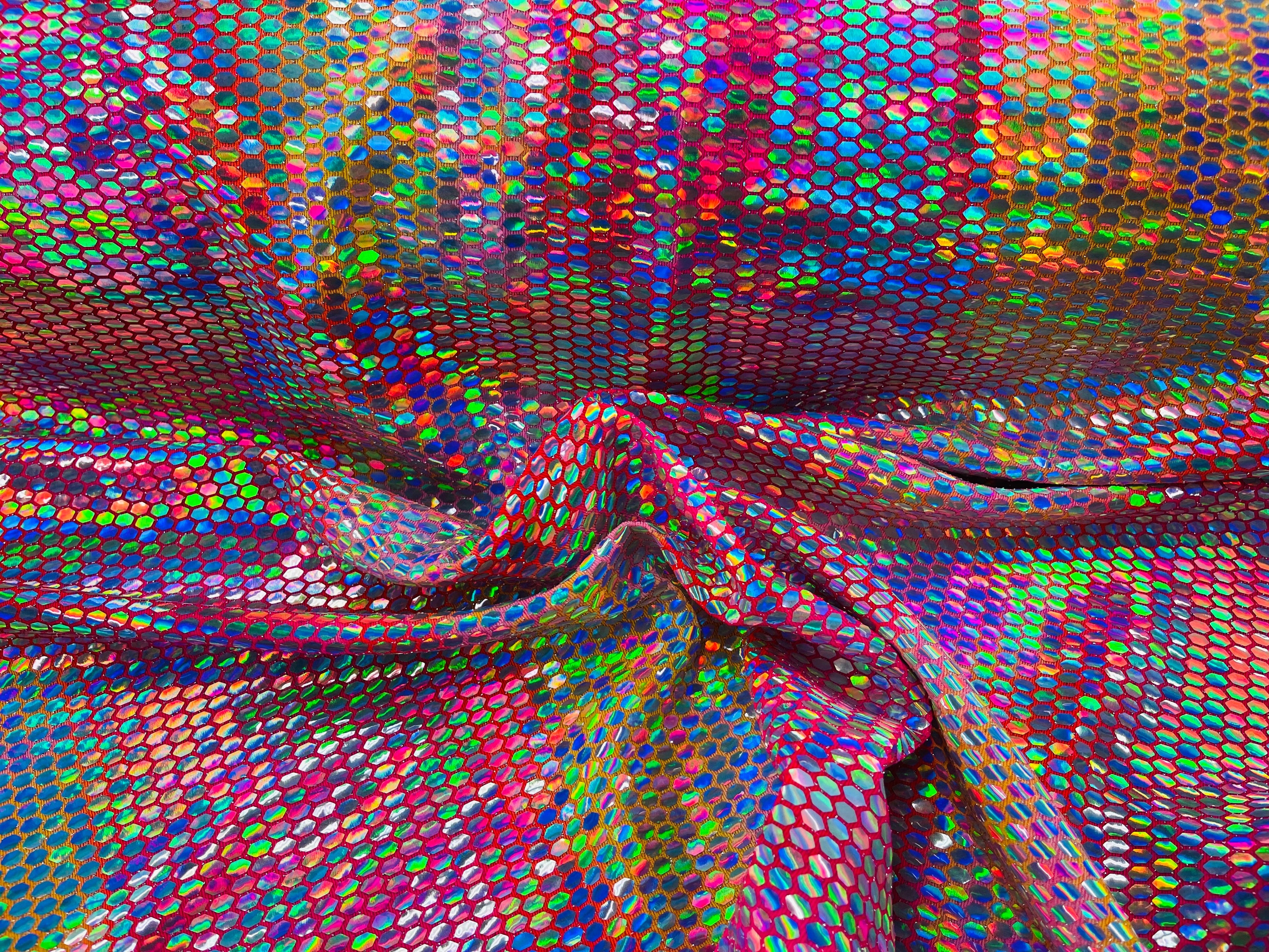 Honeycomb Foil Fabric - Iridescent Silver - Hexagon Print On Pink / Yellow Fabric