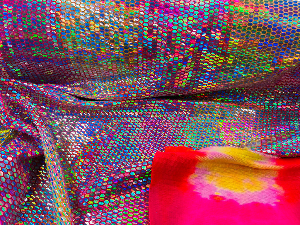 Honeycomb Foil Fabric - Iridescent Silver - Hexagon Print On Pink / Yellow Fabric