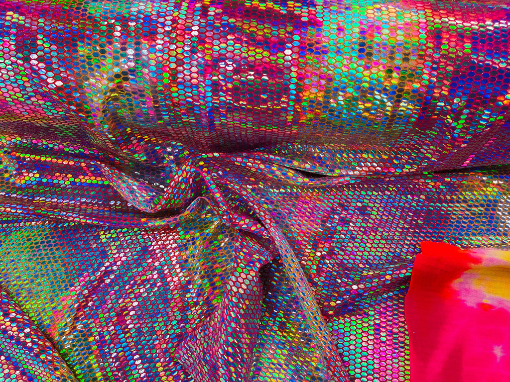 Honeycomb Foil Fabric - Iridescent Silver - Hexagon Print On Pink / Yellow Fabric
