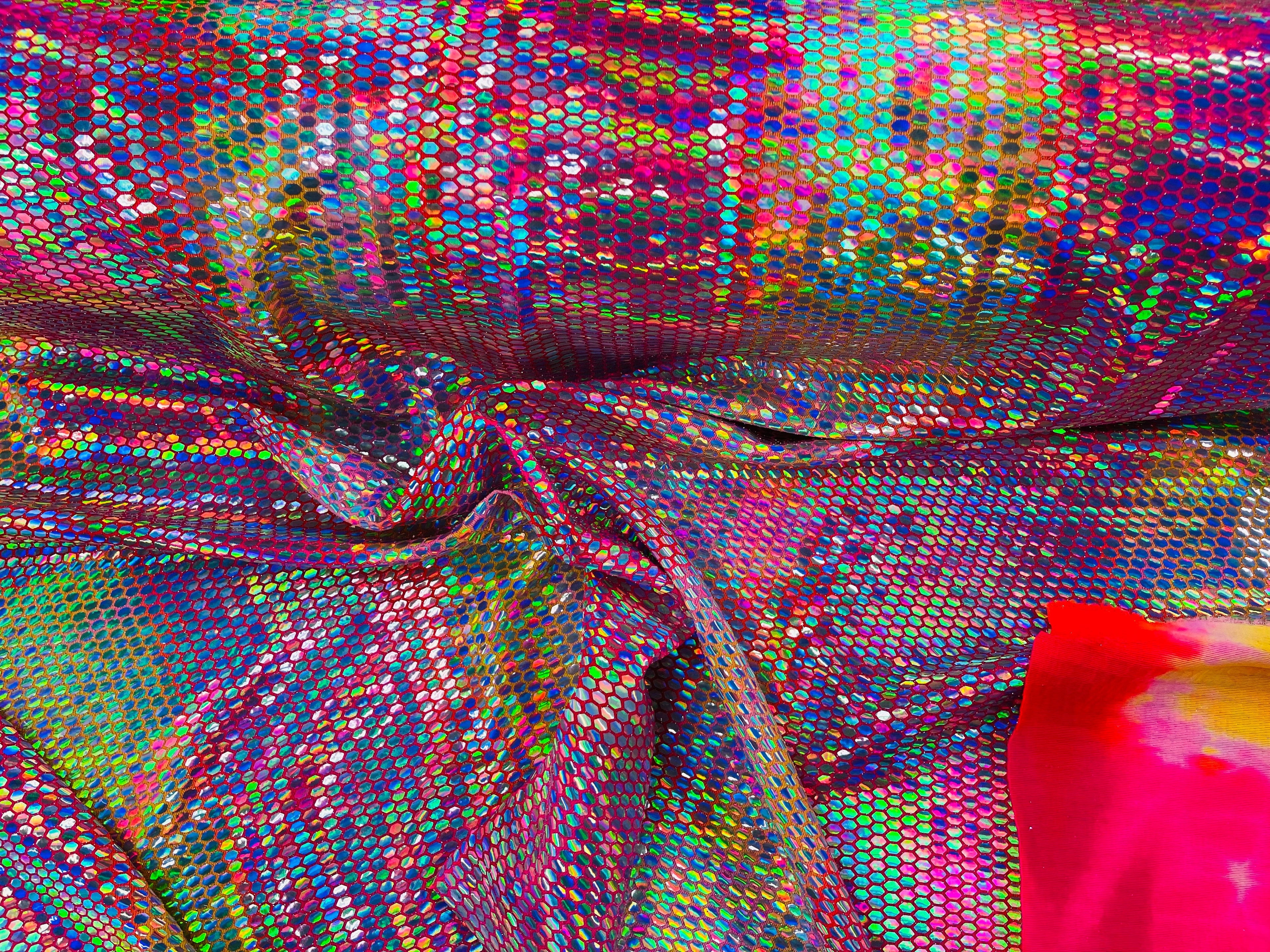 Honeycomb Foil Fabric - Iridescent Silver - Hexagon Print On Pink / Yellow Fabric