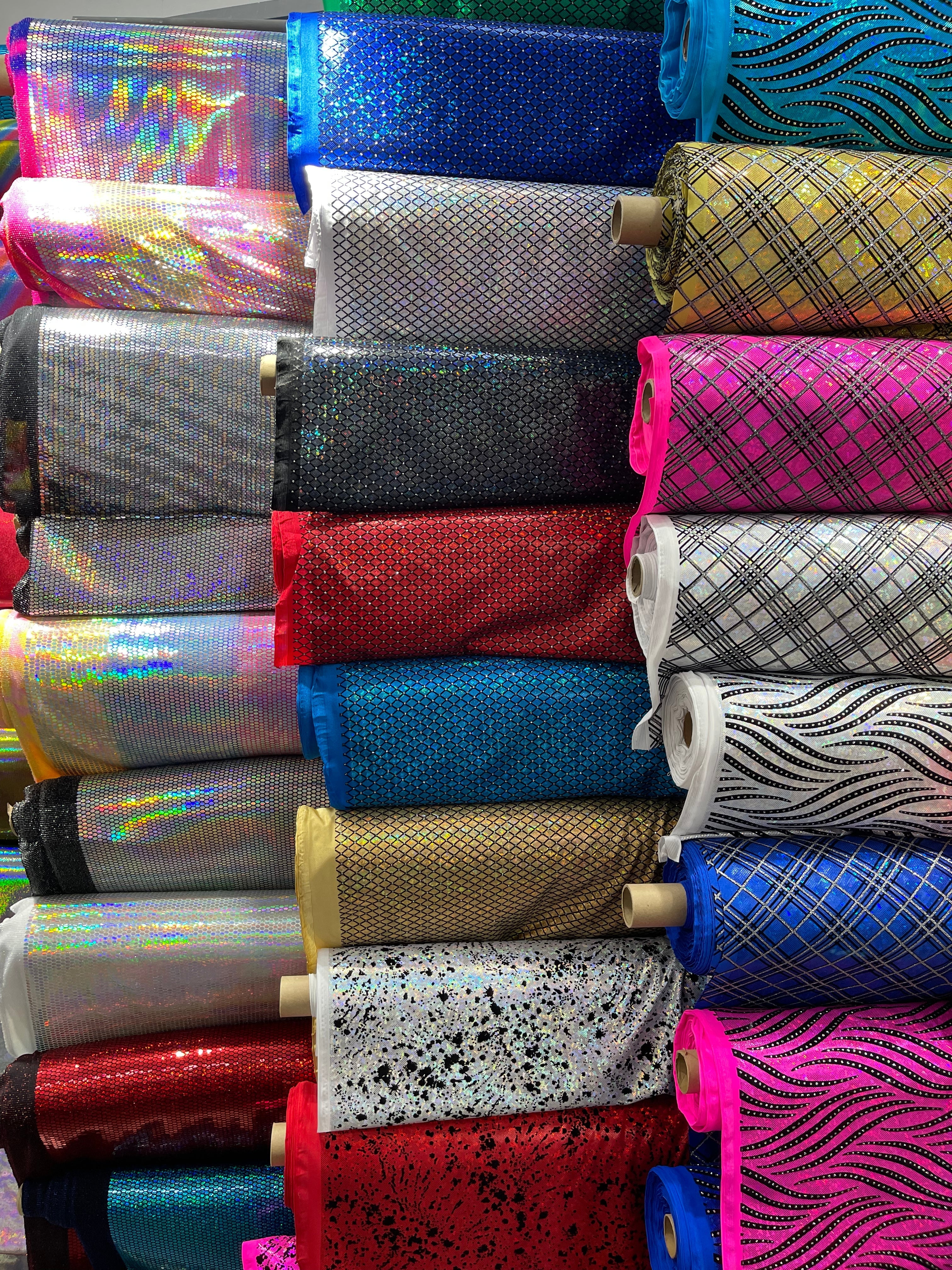 Honeycomb Foil Fabric - Iridescent Silver - Hexagon Print On Blue / Pink Spandex Fabric