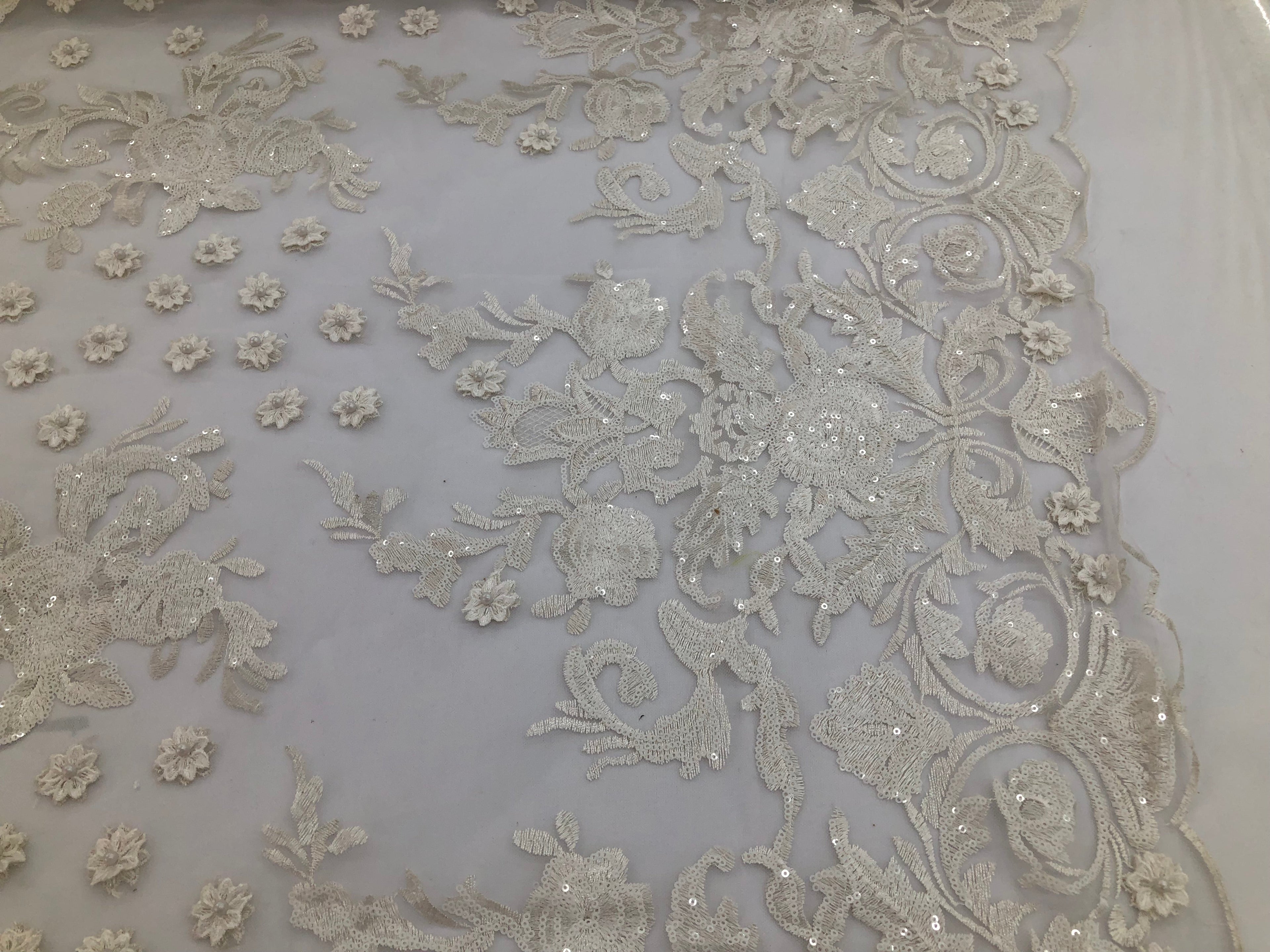 Ivory - Mini 3D Flower Embroidered Mesh Sequins And Beaded Fabric Sold By The Yard