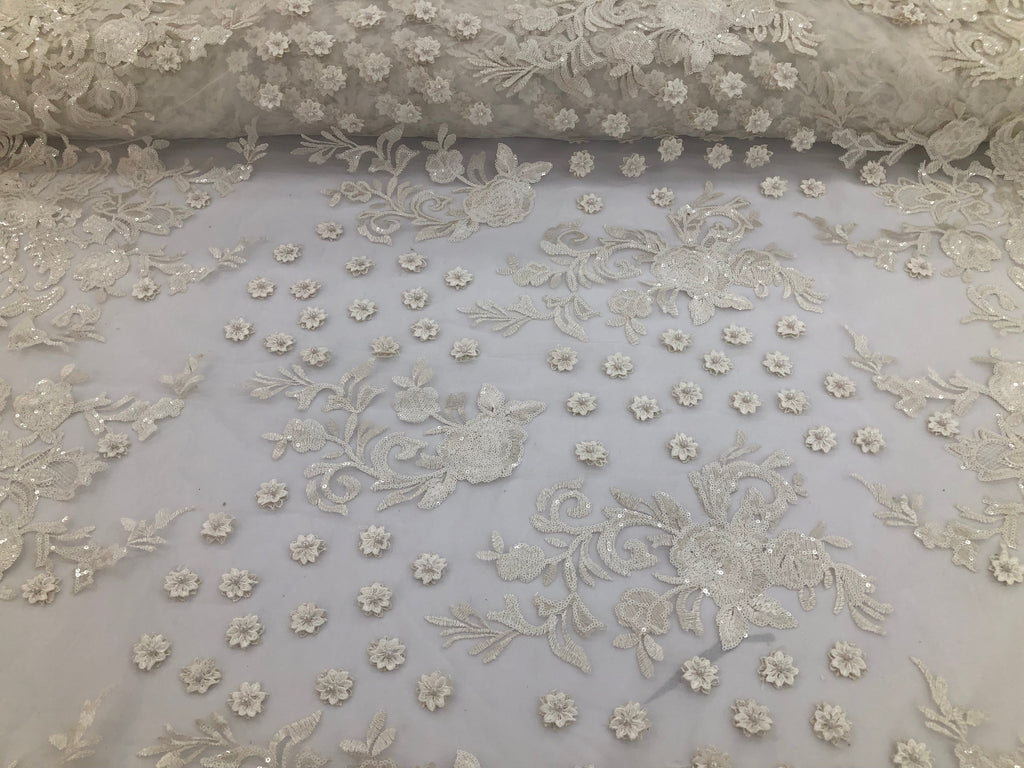 Ivory - Mini 3D Flower Embroidered Mesh Sequins And Beaded Fabric Sold By The Yard