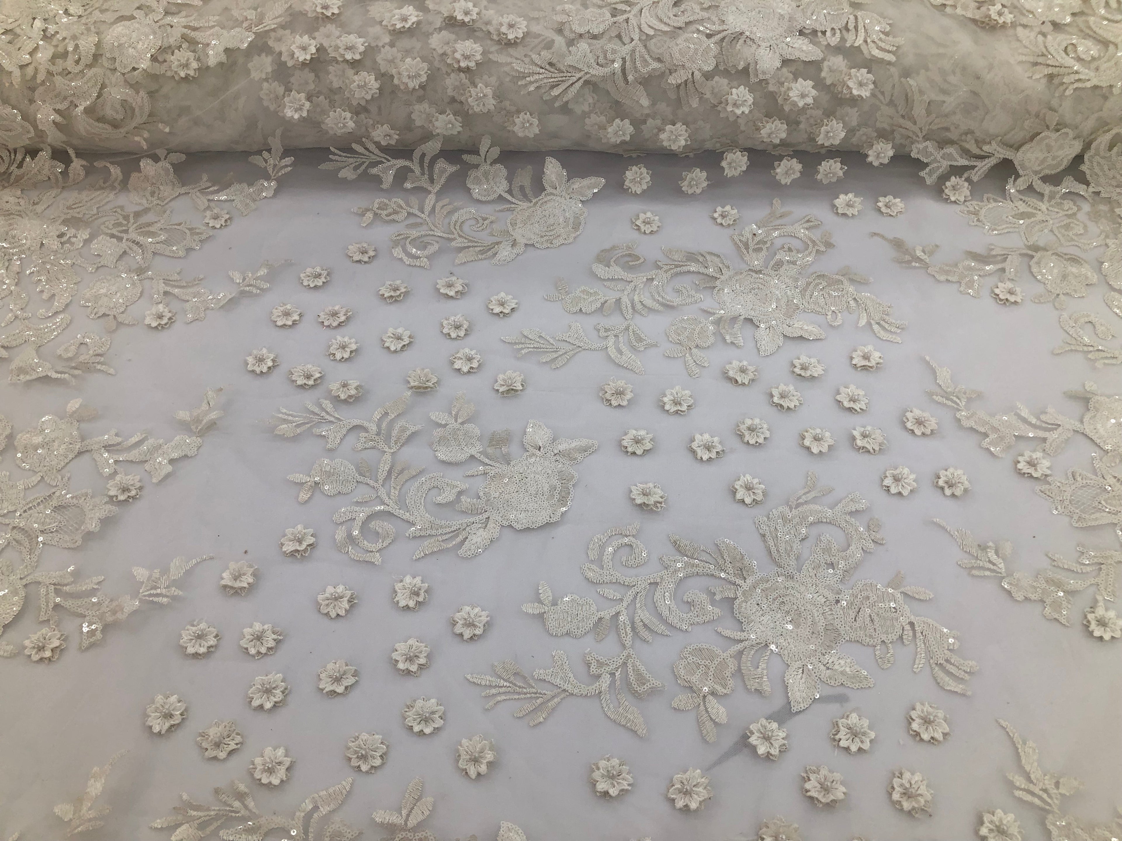 Ivory - Mini 3D Flower Embroidered Mesh Sequins And Beaded Fabric Sold By The Yard