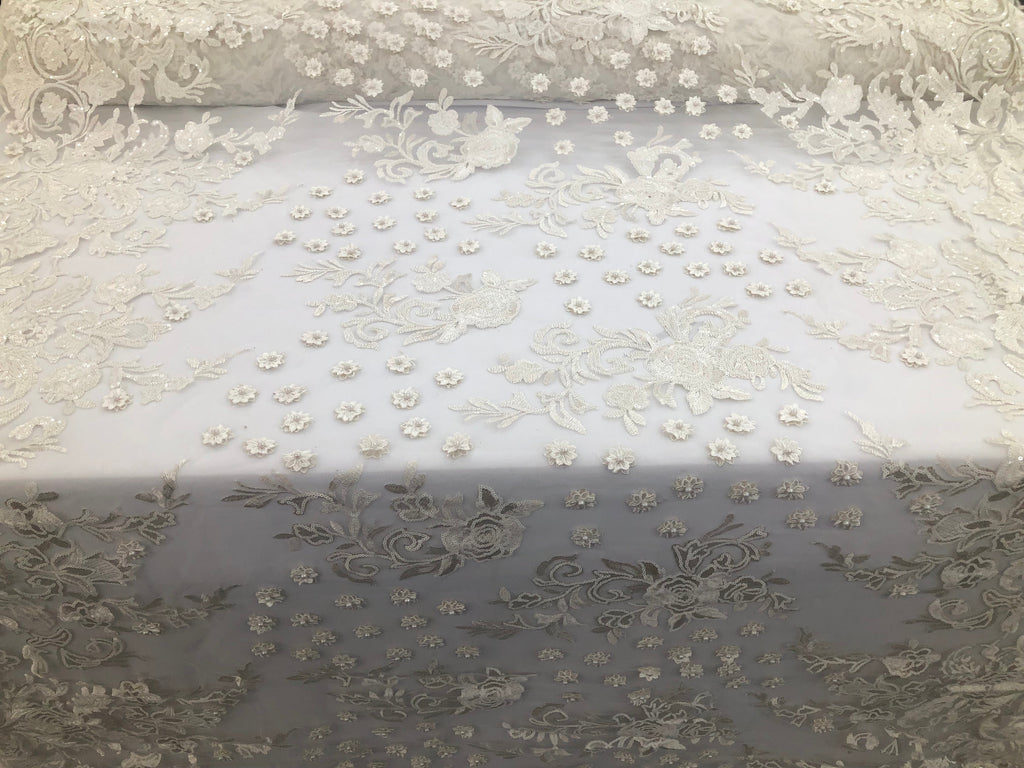 Ivory - Mini 3D Flower Embroidered Mesh Sequins And Beaded Fabric Sold By The Yard