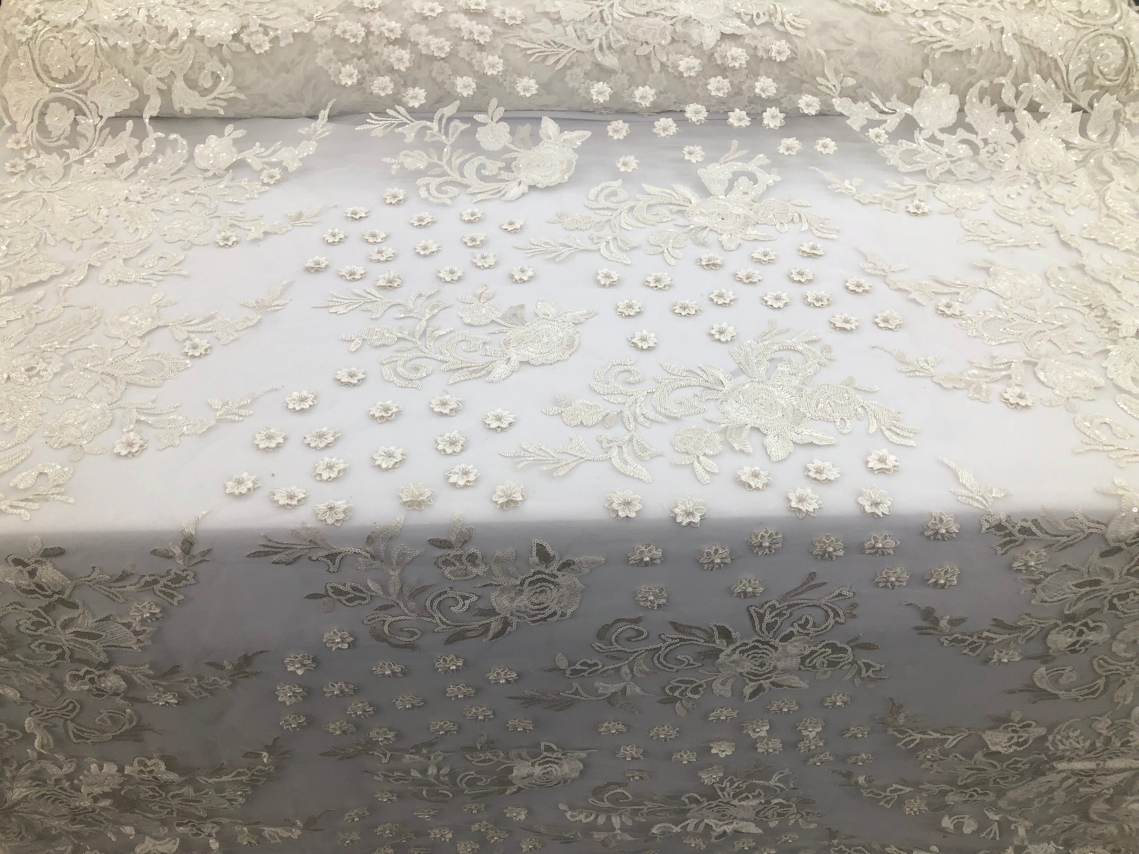 Ivory - Mini 3D Flower Embroidered Mesh Sequins And Beaded Fabric Sold By The Yard