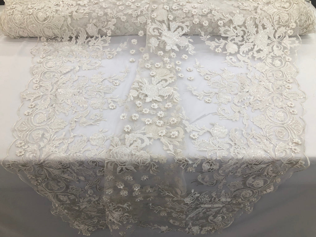 Ivory - Mini 3D Flower Embroidered Mesh Sequins And Beaded Fabric Sold By The Yard