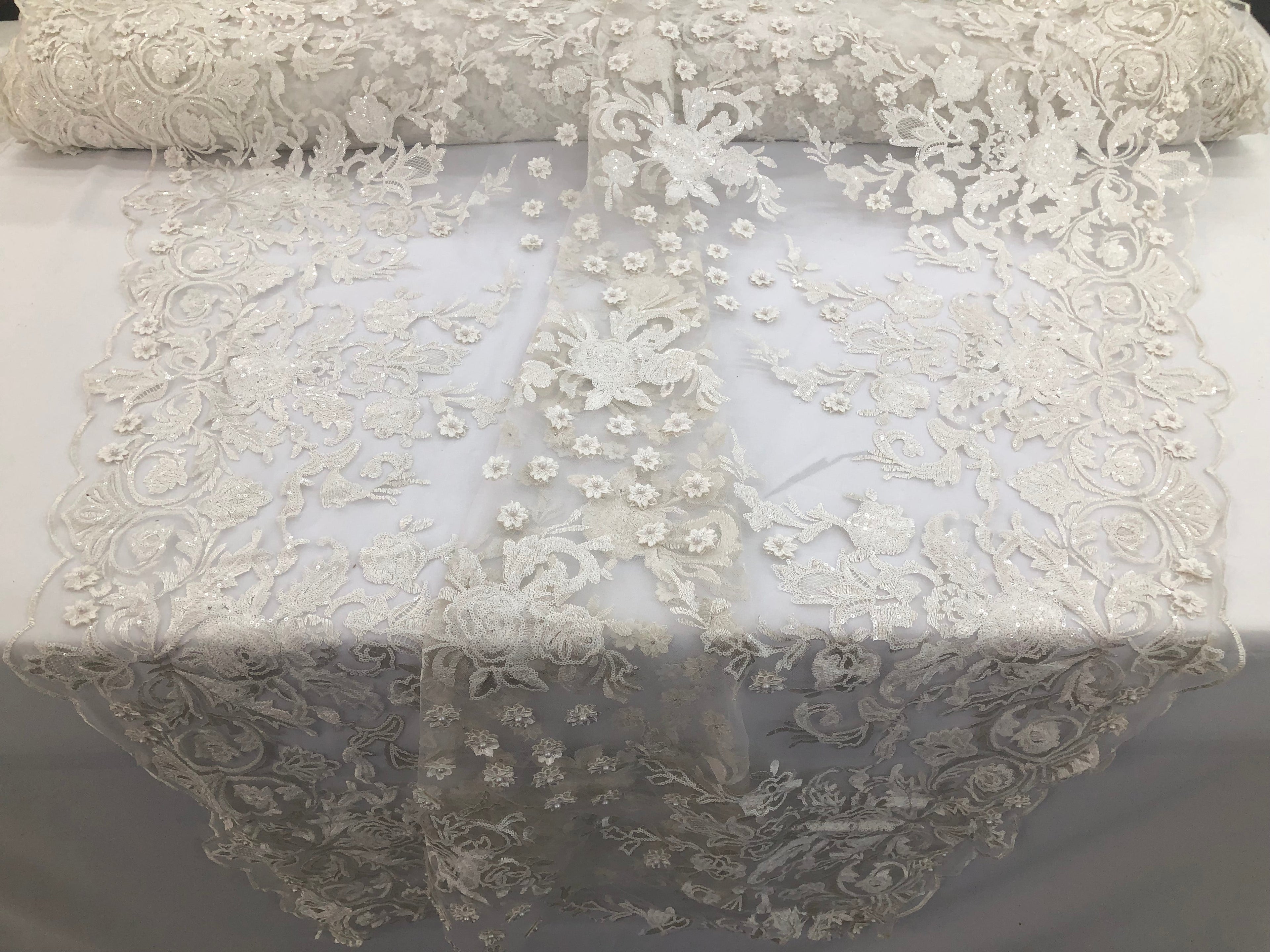 Ivory - Mini 3D Flower Embroidered Mesh Sequins And Beaded Fabric Sold By The Yard