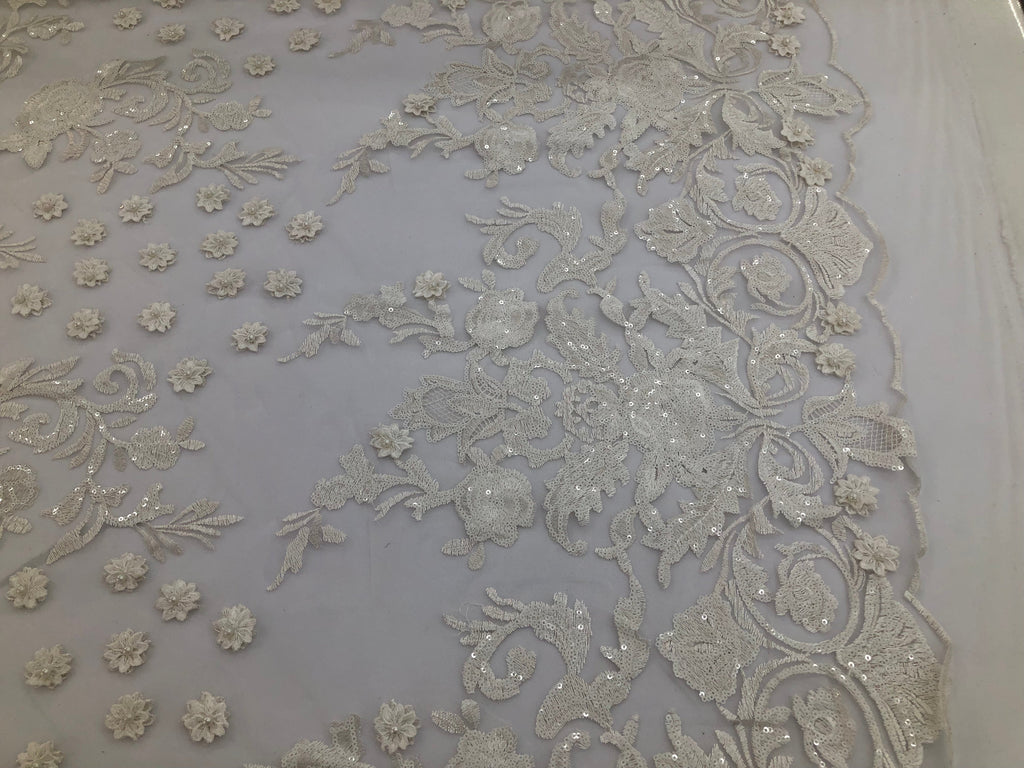 White - Mini 3D Flower Embroidered Mesh Sequins And Beaded Fabric Sold By The Yard