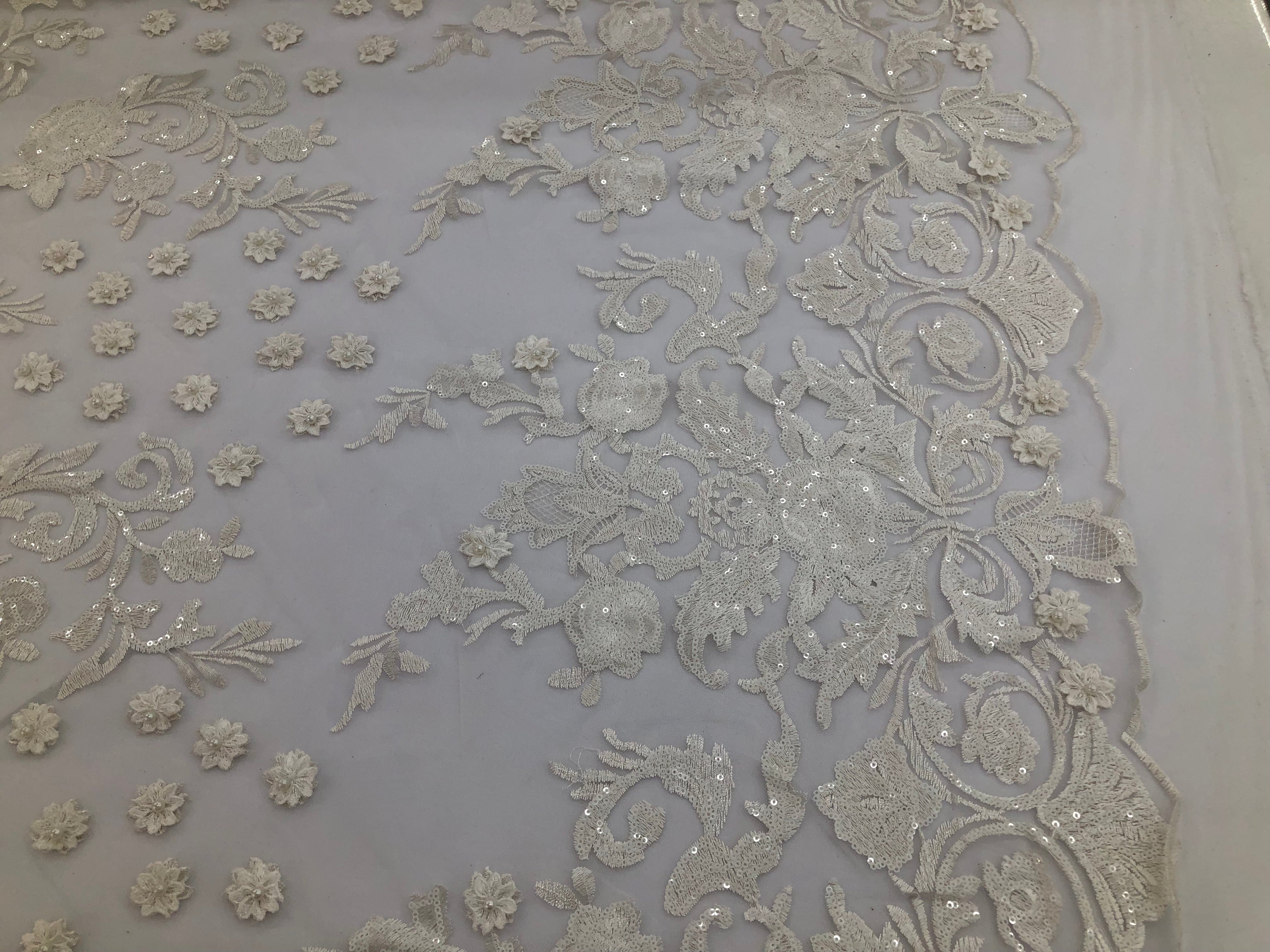 White - Mini 3D Flower Embroidered Mesh Sequins And Beaded Fabric Sold By The Yard