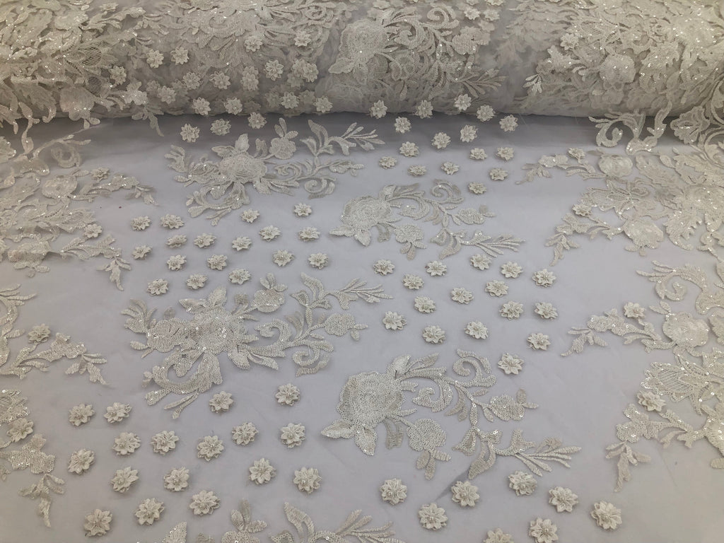 White - Mini 3D Flower Embroidered Mesh Sequins And Beaded Fabric Sold By The Yard
