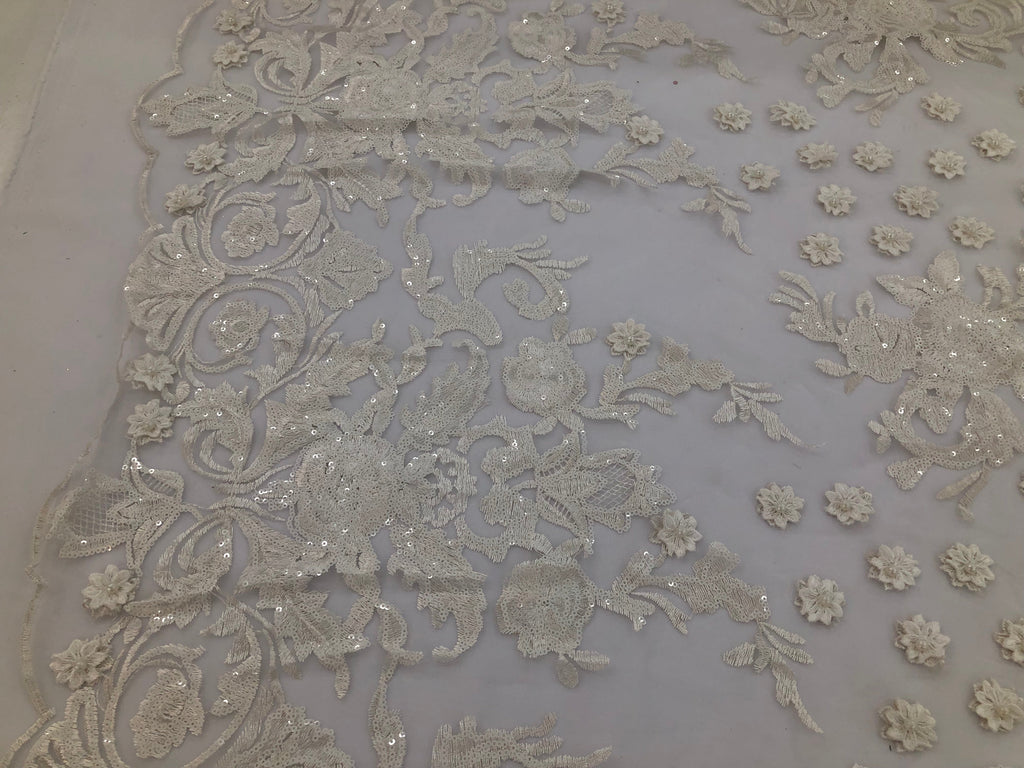 White - Mini 3D Flower Embroidered Mesh Sequins And Beaded Fabric Sold By The Yard