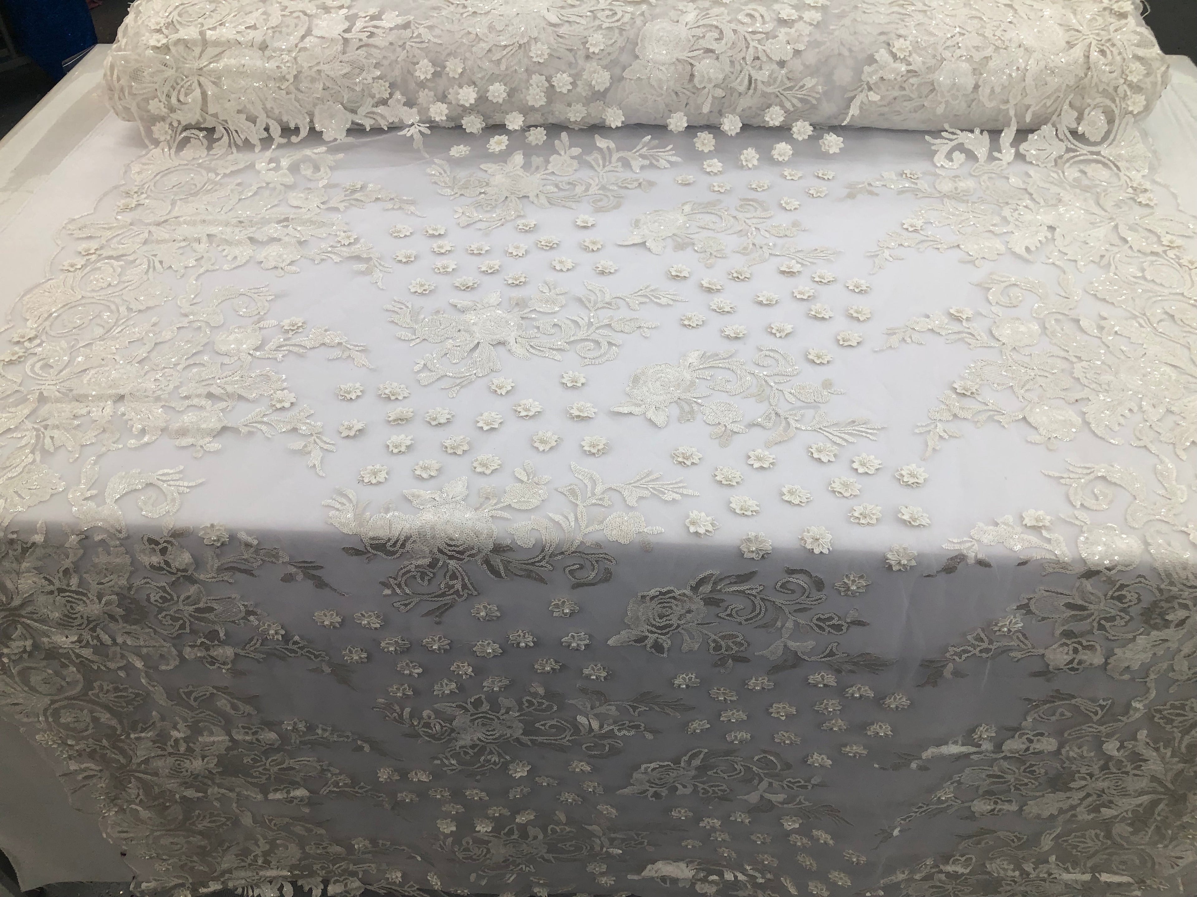White - Mini 3D Flower Embroidered Mesh Sequins And Beaded Fabric Sold By The Yard