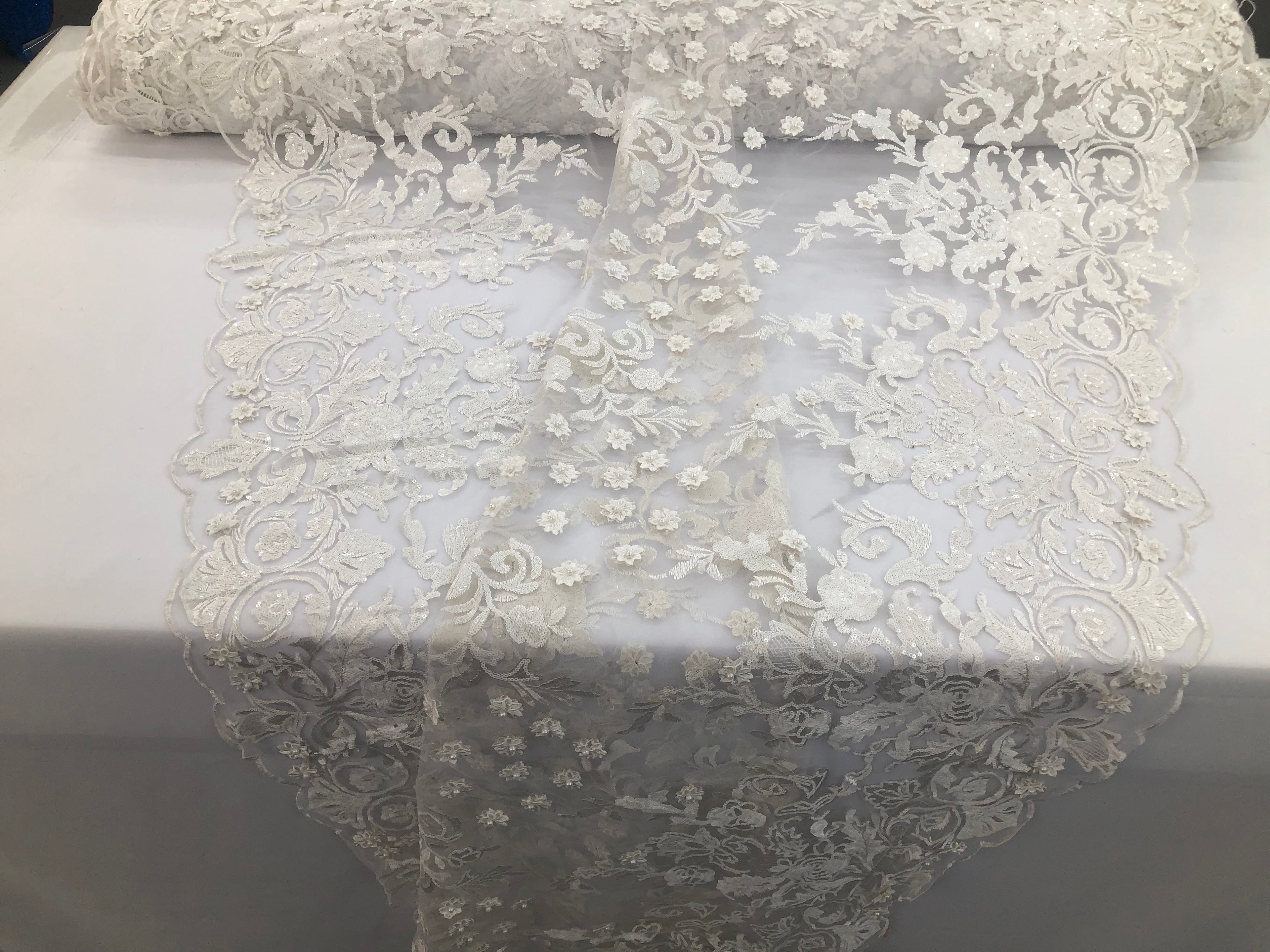 White - Mini 3D Flower Embroidered Mesh Sequins And Beaded Fabric Sold By The Yard