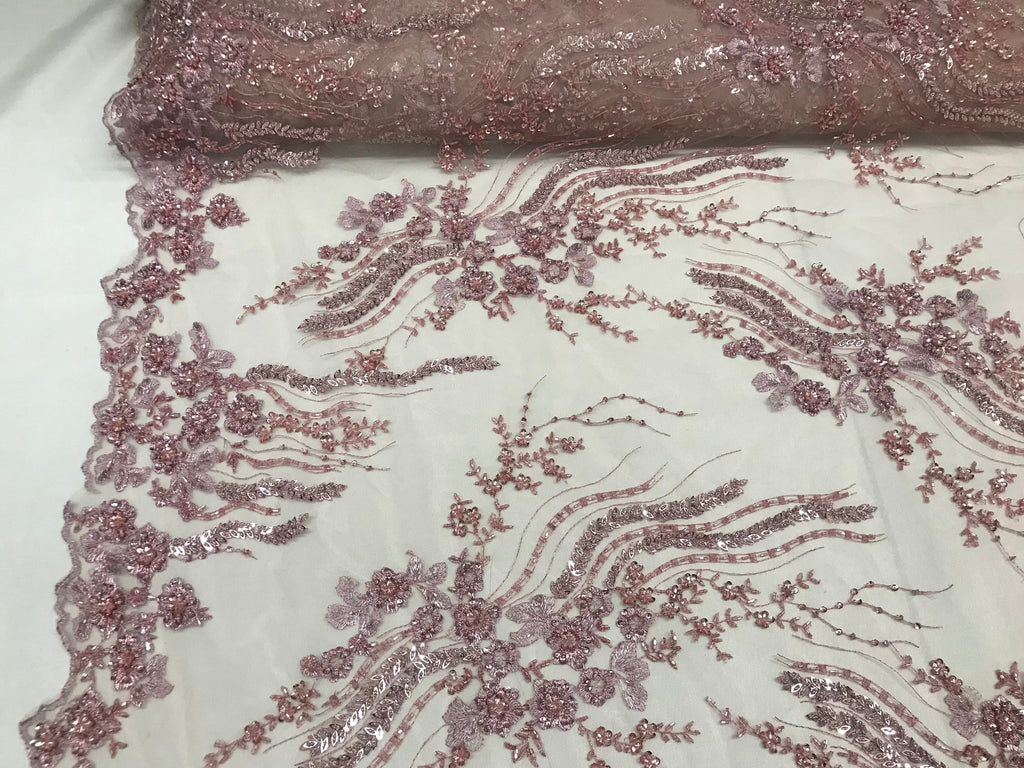 Beaded - Dusty Rose - Elegant Small Flower Pattern Design Sequins Fabric with Beads Sold By The Yard