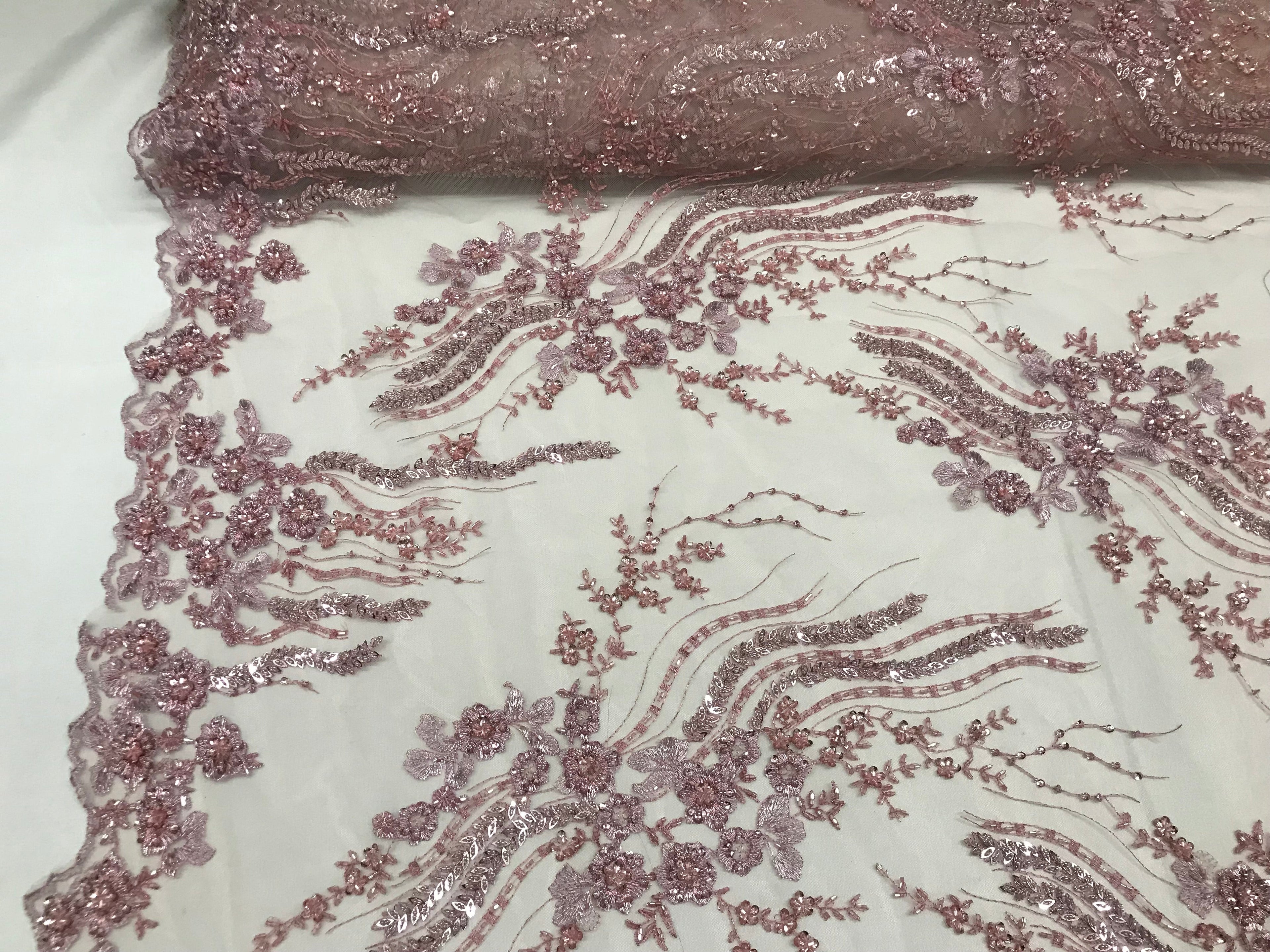 Beaded - Dusty Rose - Elegant Small Flower Pattern Design Sequins Fabric with Beads Sold By The Yard