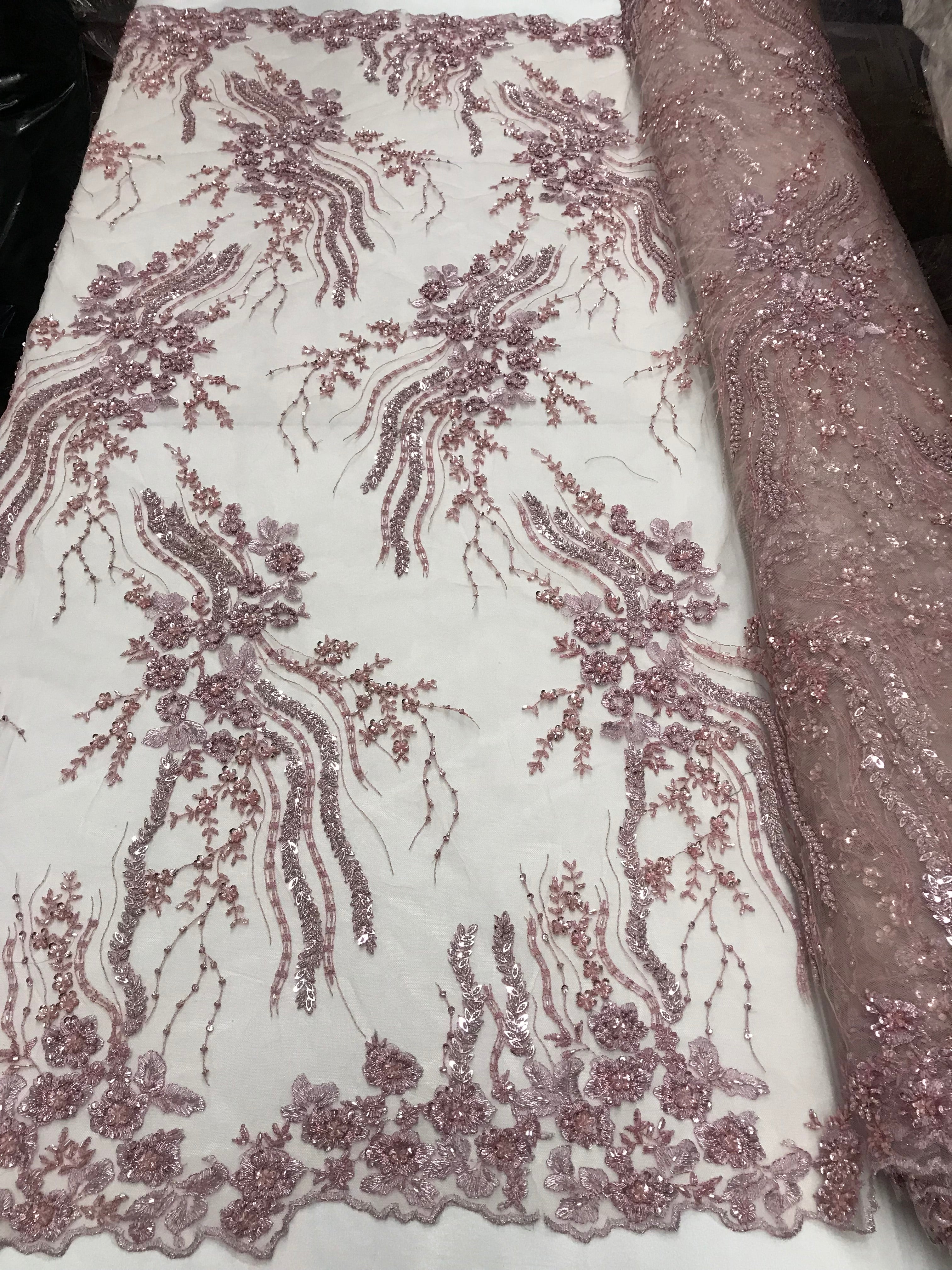 Beaded - Dusty Rose - Elegant Small Flower Pattern Design Sequins Fabric with Beads Sold By The Yard