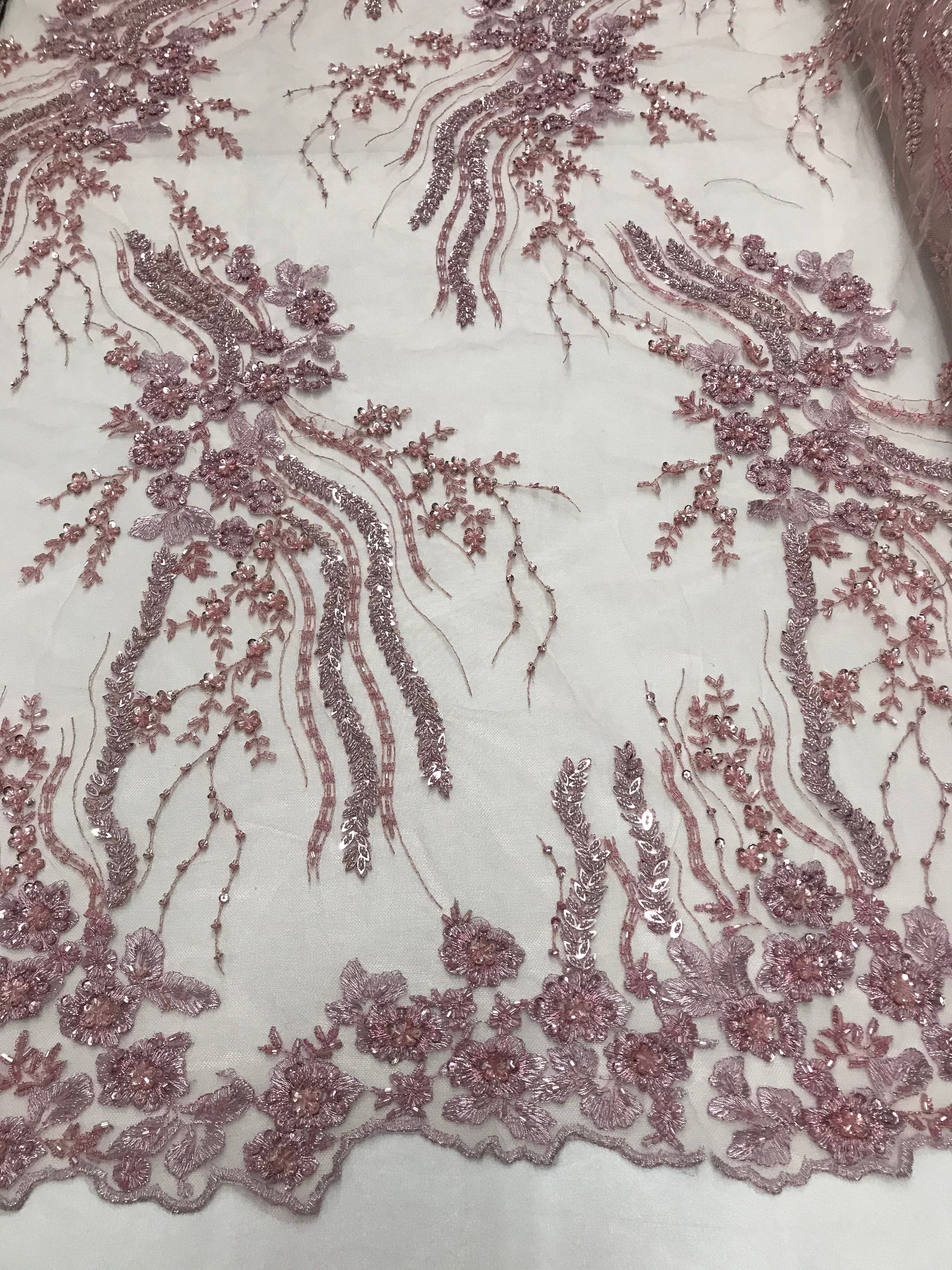 Beaded - Dusty Rose - Elegant Small Flower Pattern Design Sequins Fabric with Beads Sold By The Yard