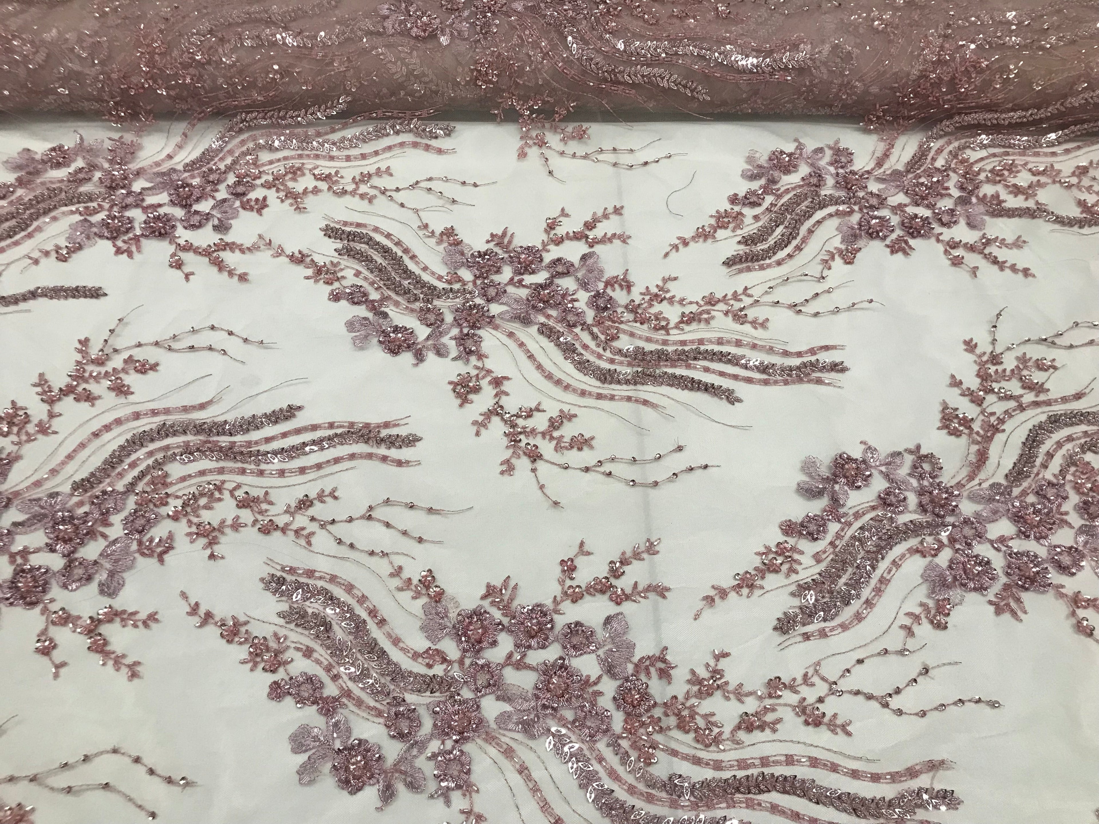 Beaded - Dusty Rose - Elegant Small Flower Pattern Design Sequins Fabric with Beads Sold By The Yard