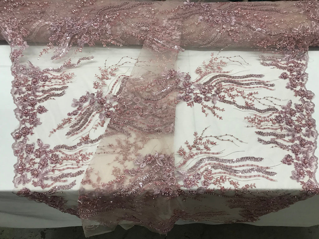 Beaded - Dusty Rose - Elegant Small Flower Pattern Design Sequins Fabric with Beads Sold By The Yard