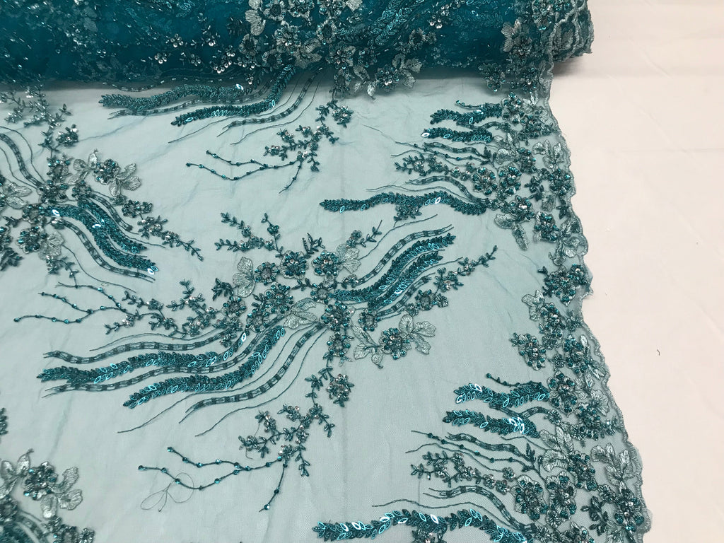 Beaded - Teal  - Elegant Small Flower Pattern Design Sequins Fabric with Beads Sold By The Yard