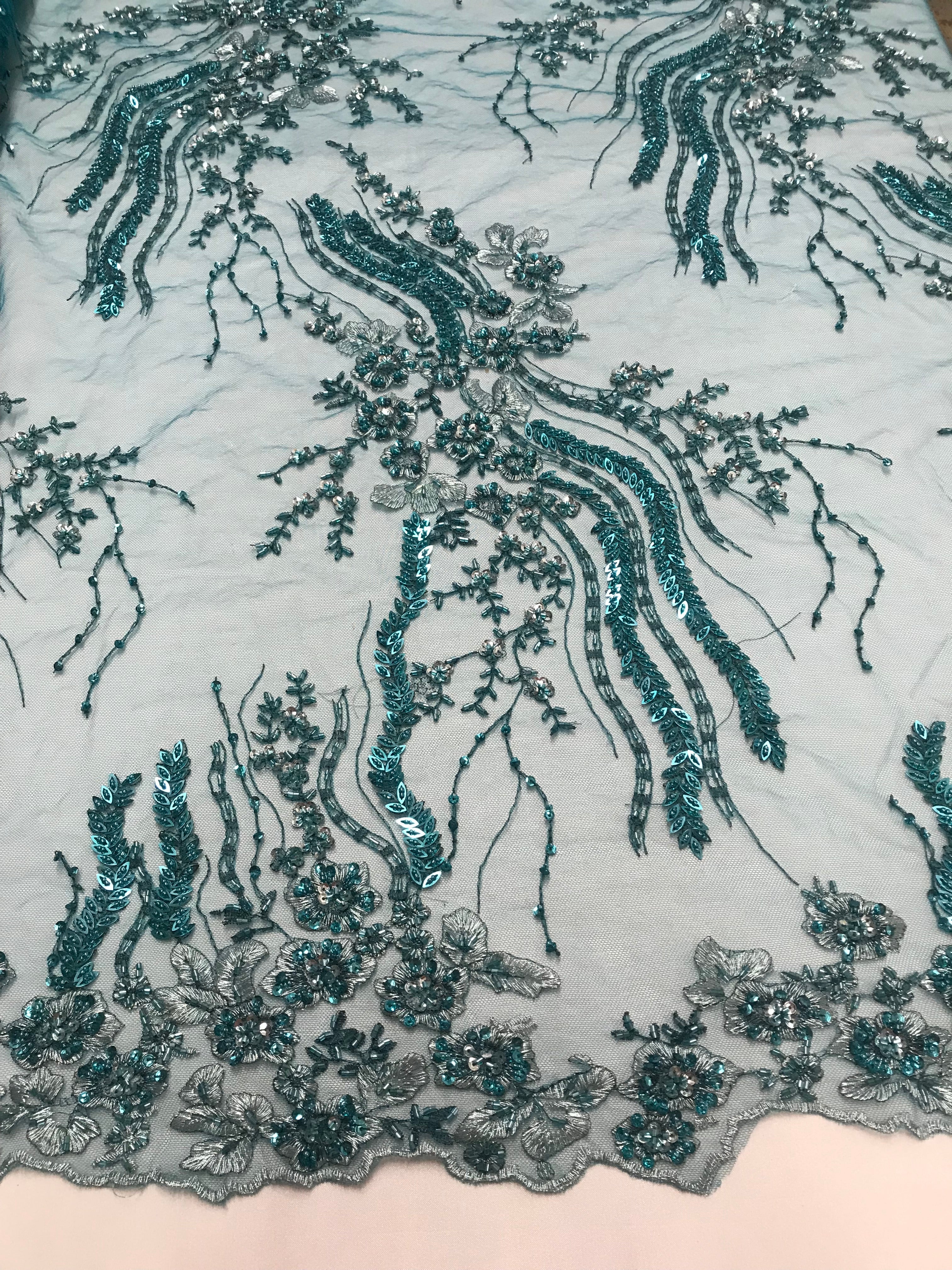 Beaded - Teal  - Elegant Small Flower Pattern Design Sequins Fabric with Beads Sold By The Yard