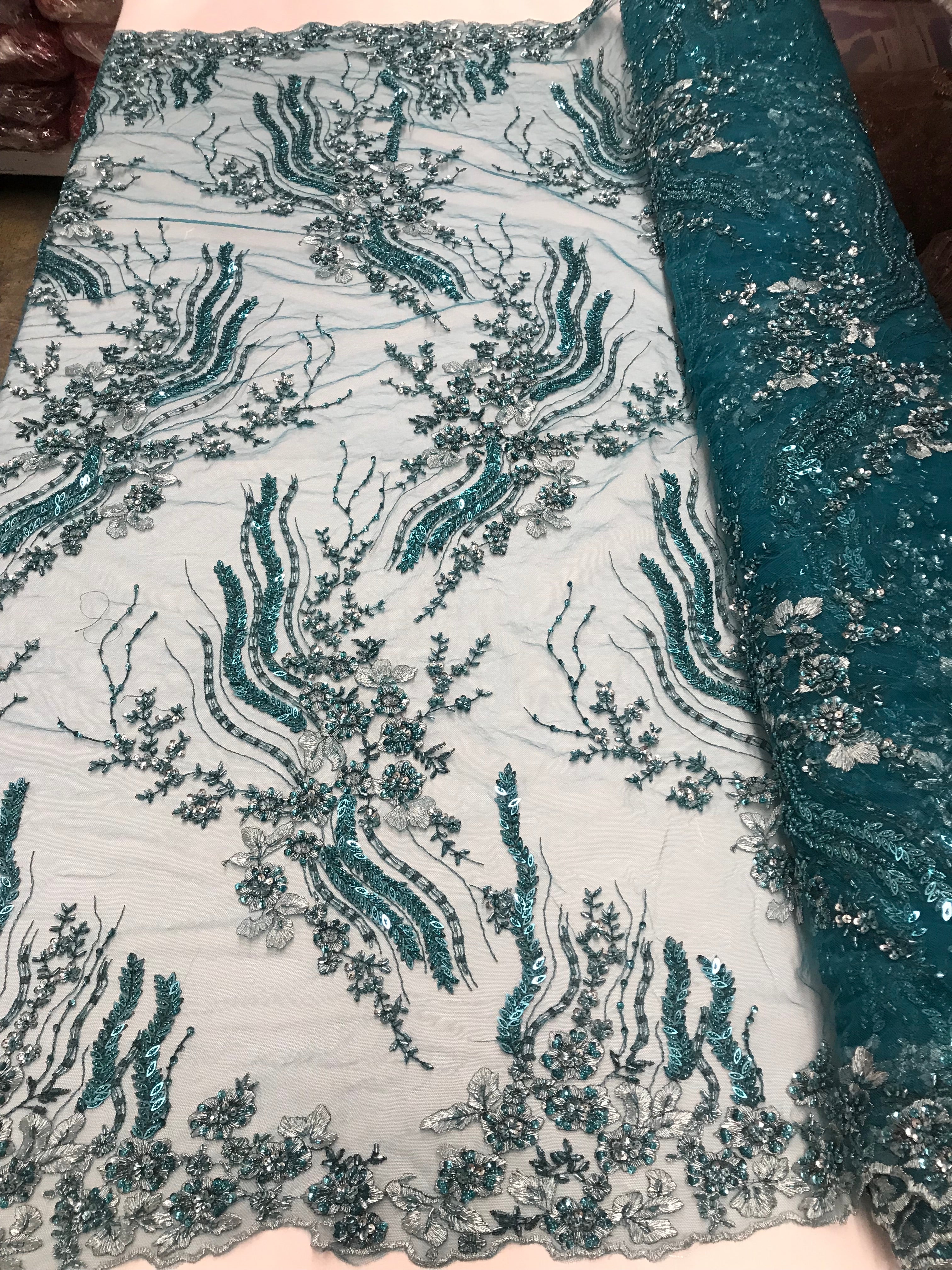 Beaded - Teal  - Elegant Small Flower Pattern Design Sequins Fabric with Beads Sold By The Yard
