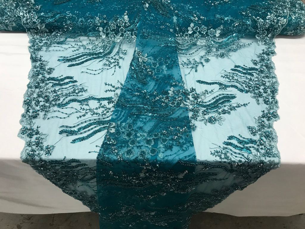 Beaded - Teal  - Elegant Small Flower Pattern Design Sequins Fabric with Beads Sold By The Yard