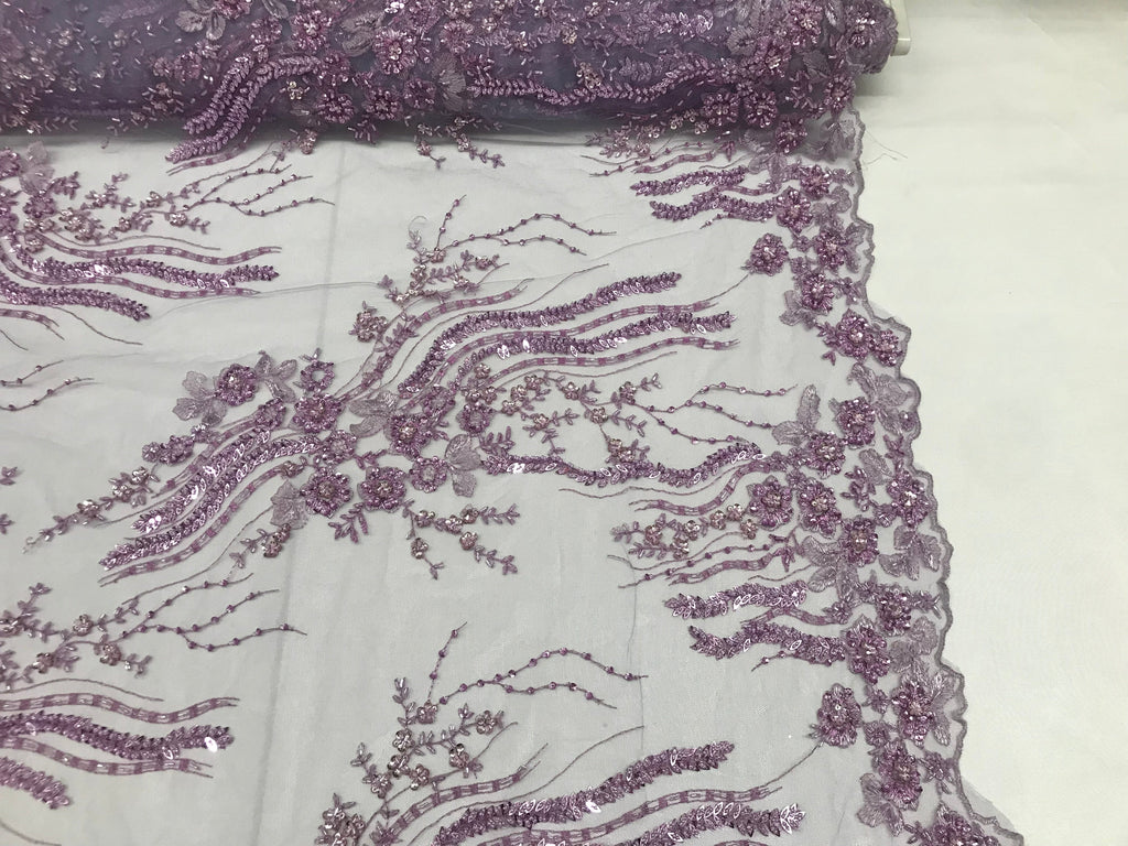 Beaded - Lilac - Elegant Small Flower Pattern Design Sequins Fabric with Beads Sold By The Yard
