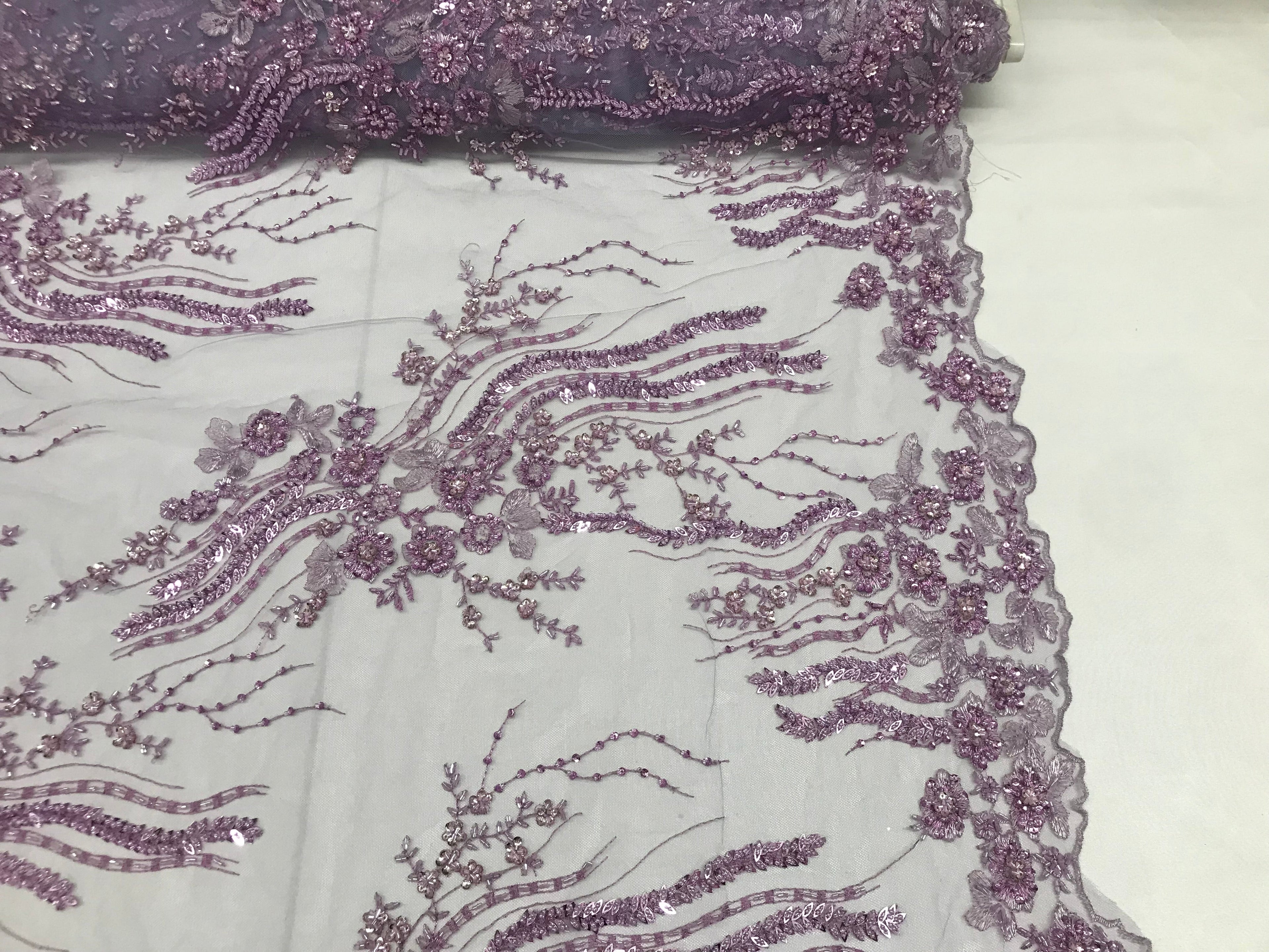 Beaded - Lilac - Elegant Small Flower Pattern Design Sequins Fabric with Beads Sold By The Yard
