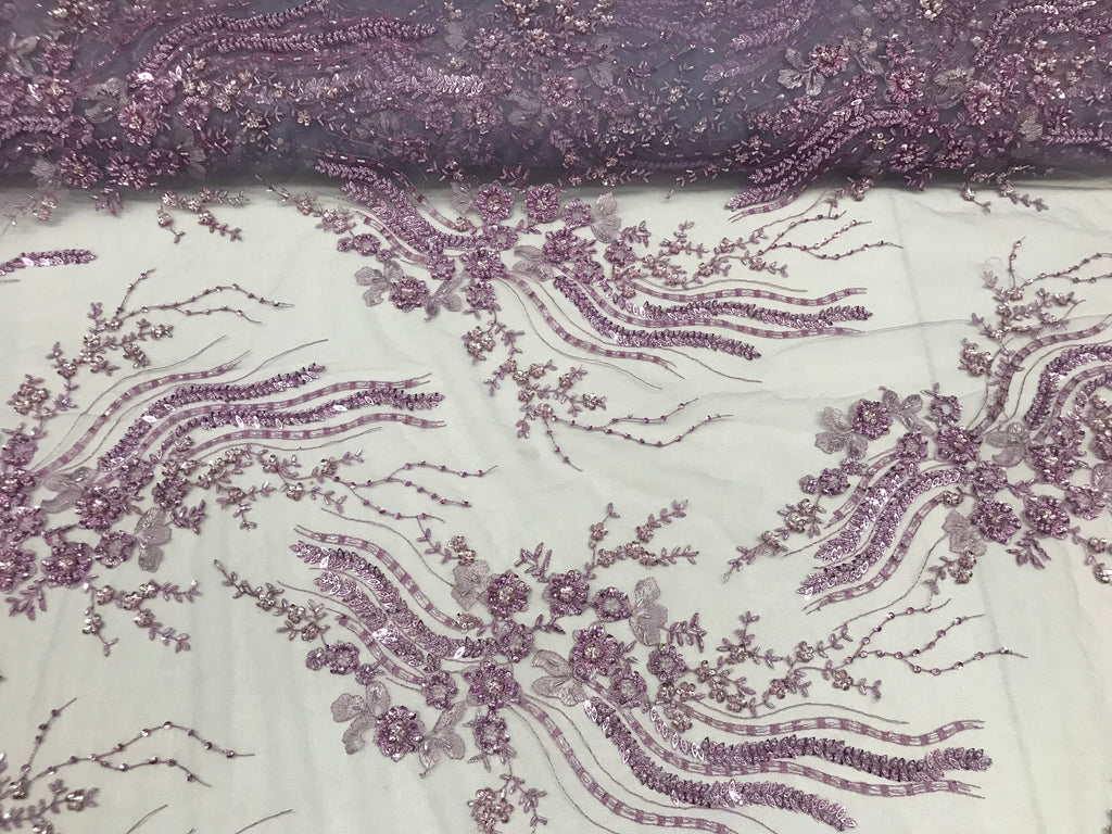 Beaded - Lilac - Elegant Small Flower Pattern Design Sequins Fabric with Beads Sold By The Yard