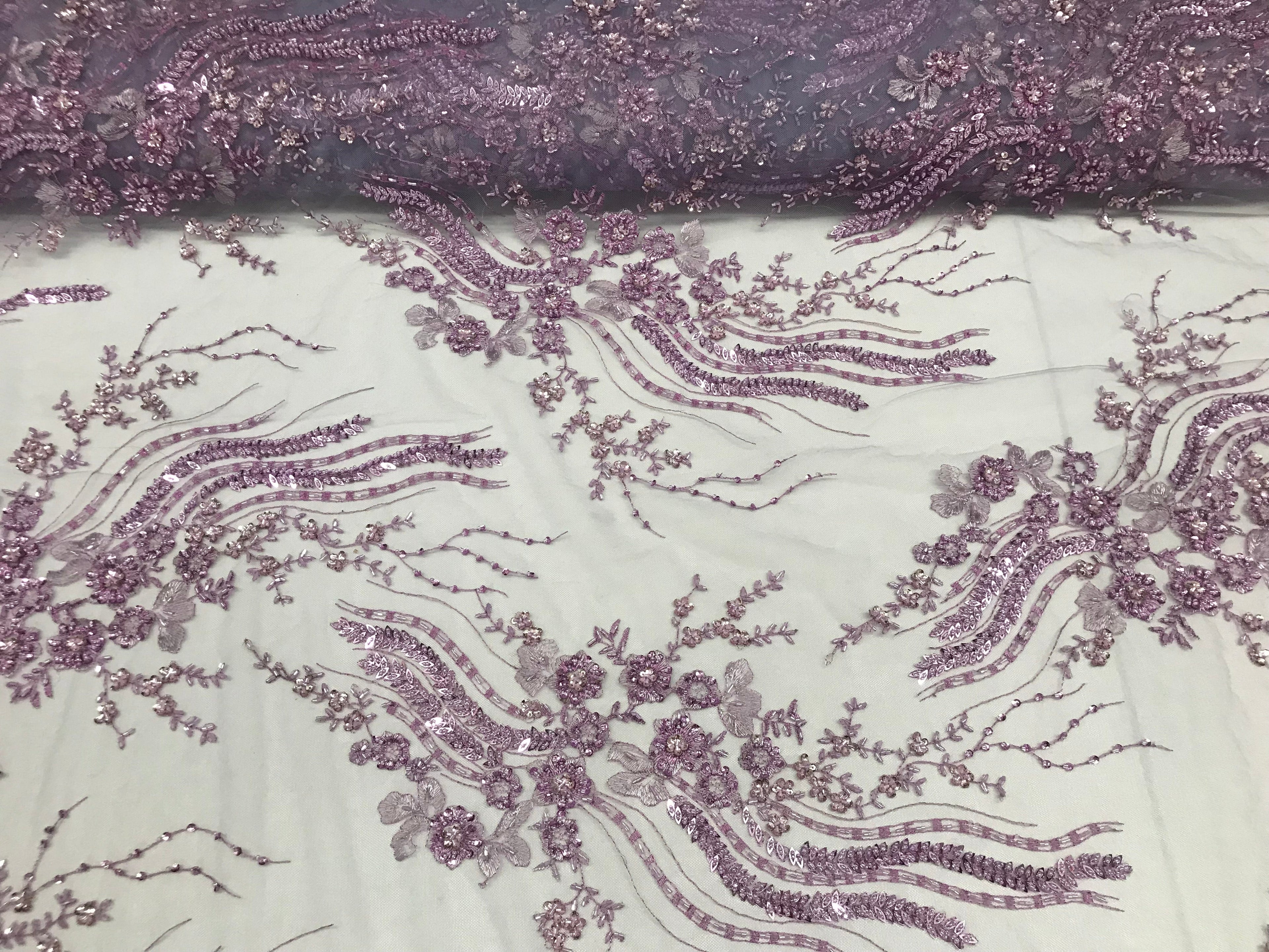 Beaded - Lilac - Elegant Small Flower Pattern Design Sequins Fabric with Beads Sold By The Yard